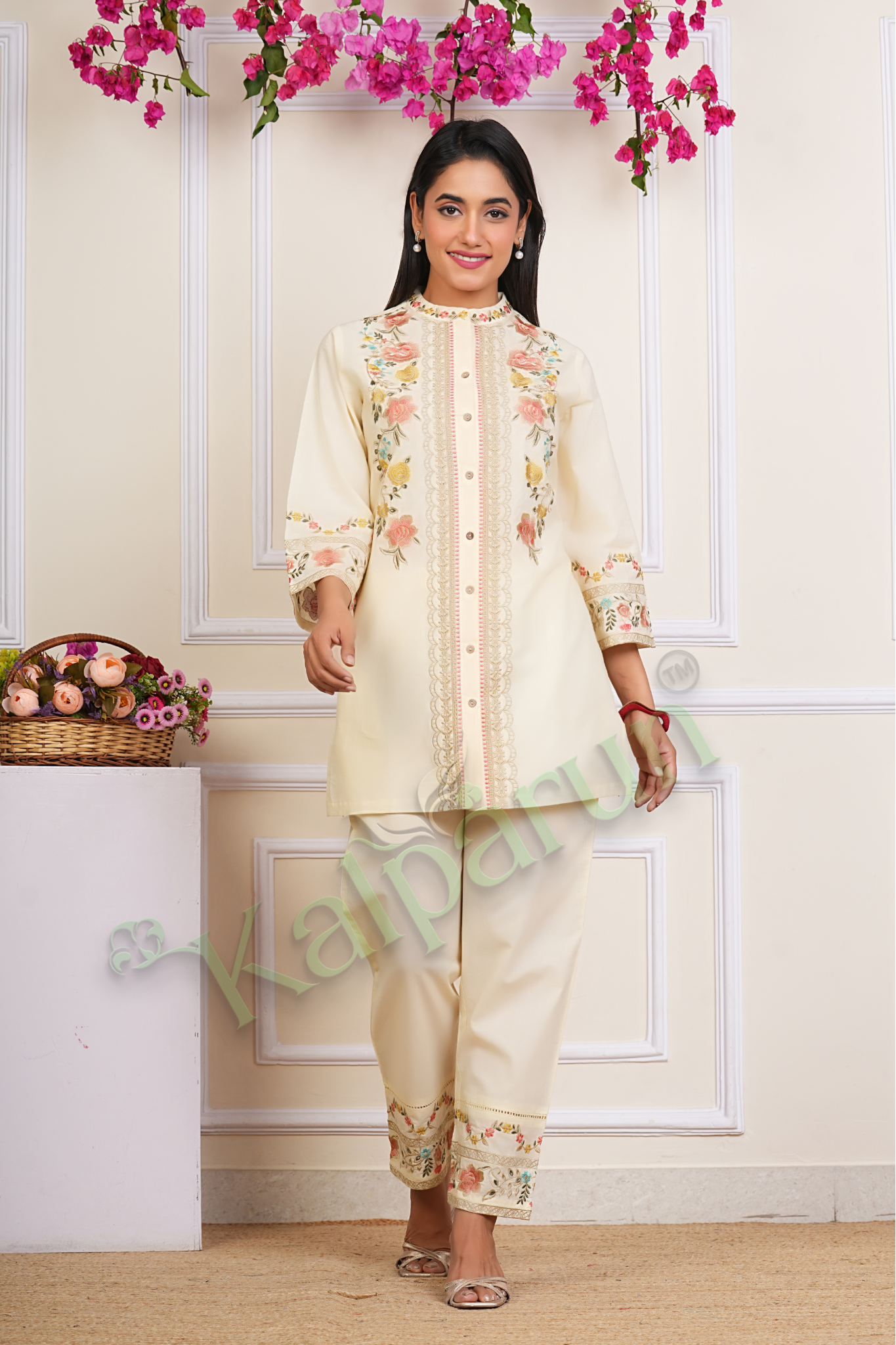 KALPARUN Floral Embroidered Cotton cord Set, Cream Colour, Button-Down Kurta with Embroidered Pants, Three-Quarter Sleeves