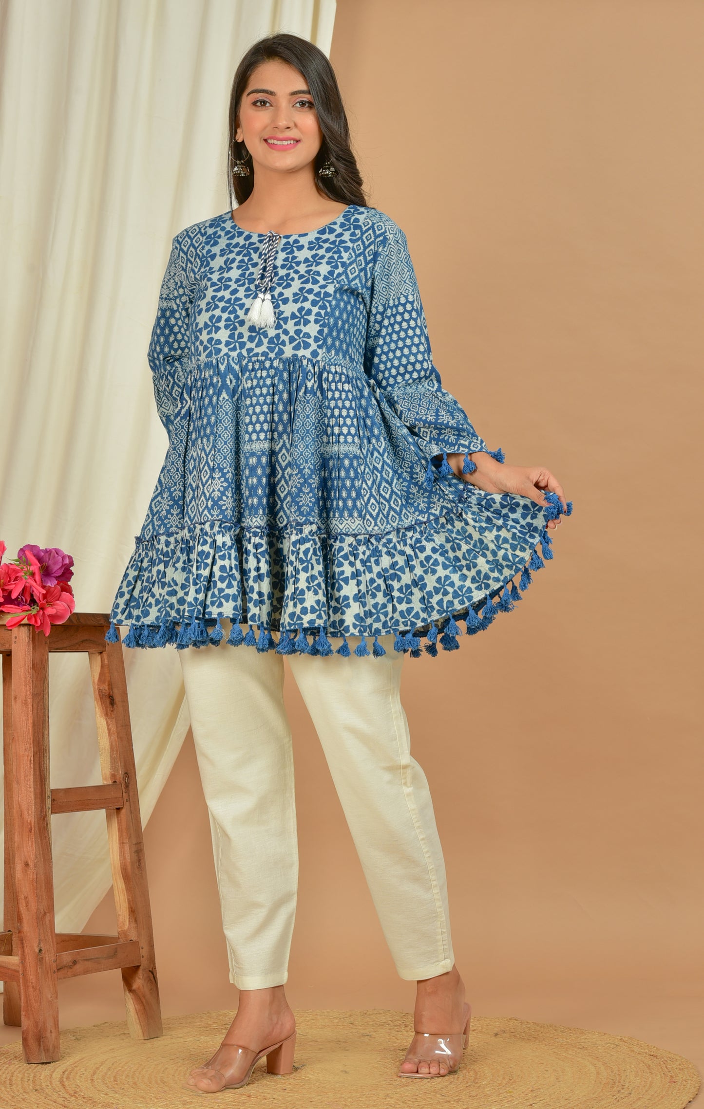 Kalparun Floral Print Mini Dress – Blue with Bell Sleeves & Tassel Trim