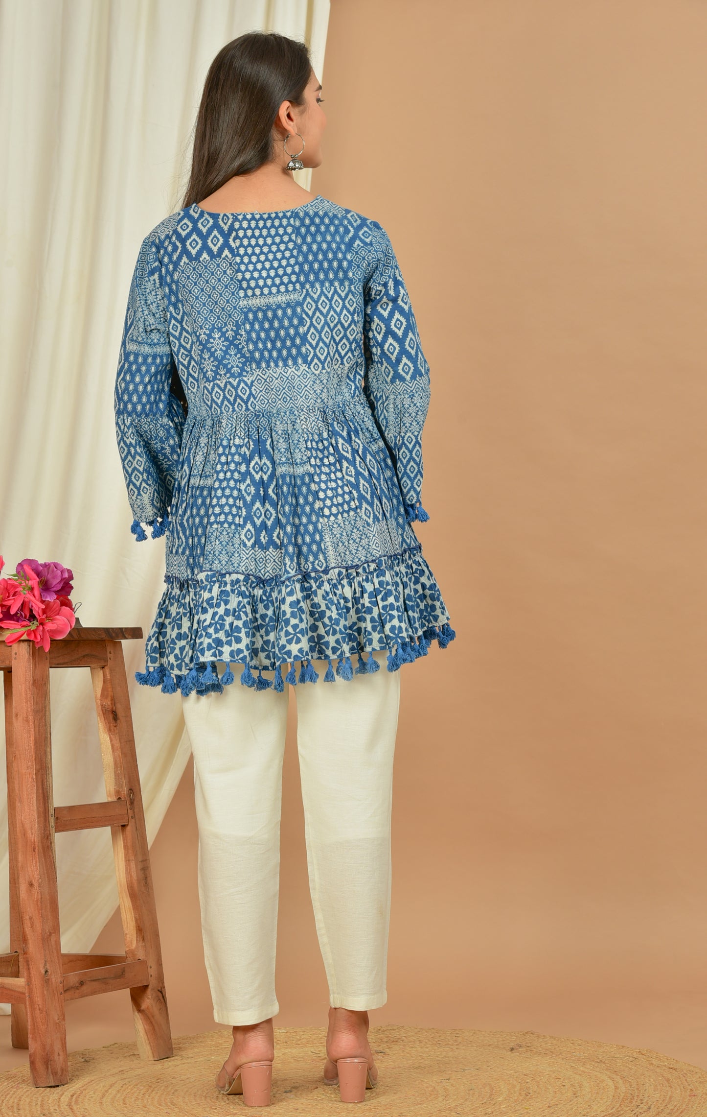 Kalparun Floral Print Mini Dress – Blue with Bell Sleeves & Tassel Trim