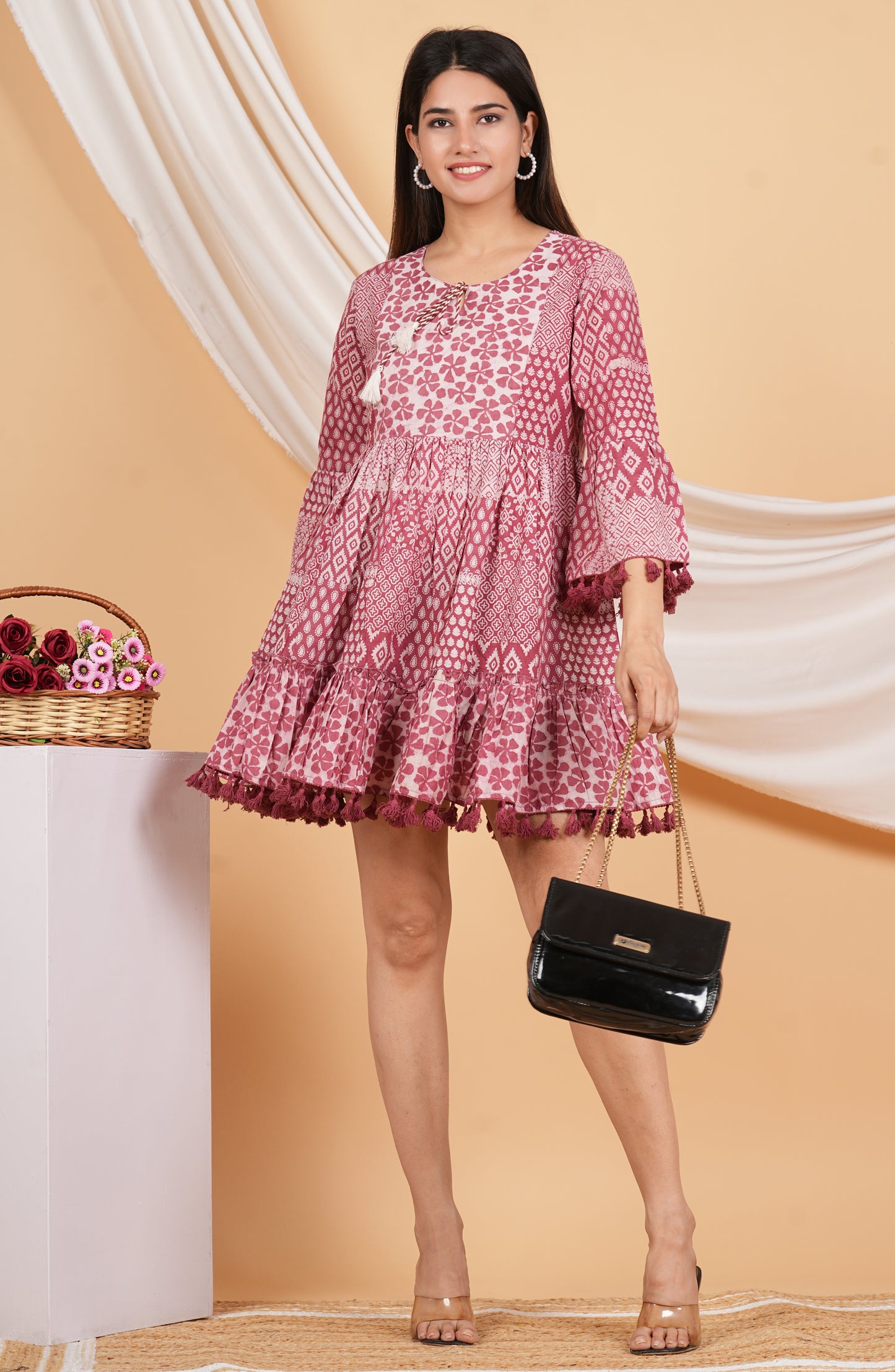 Kalparun Floral Print Mini Dress with Bell Sleeves, Coral Pink Color, Tassel Trim, Cotton Blend