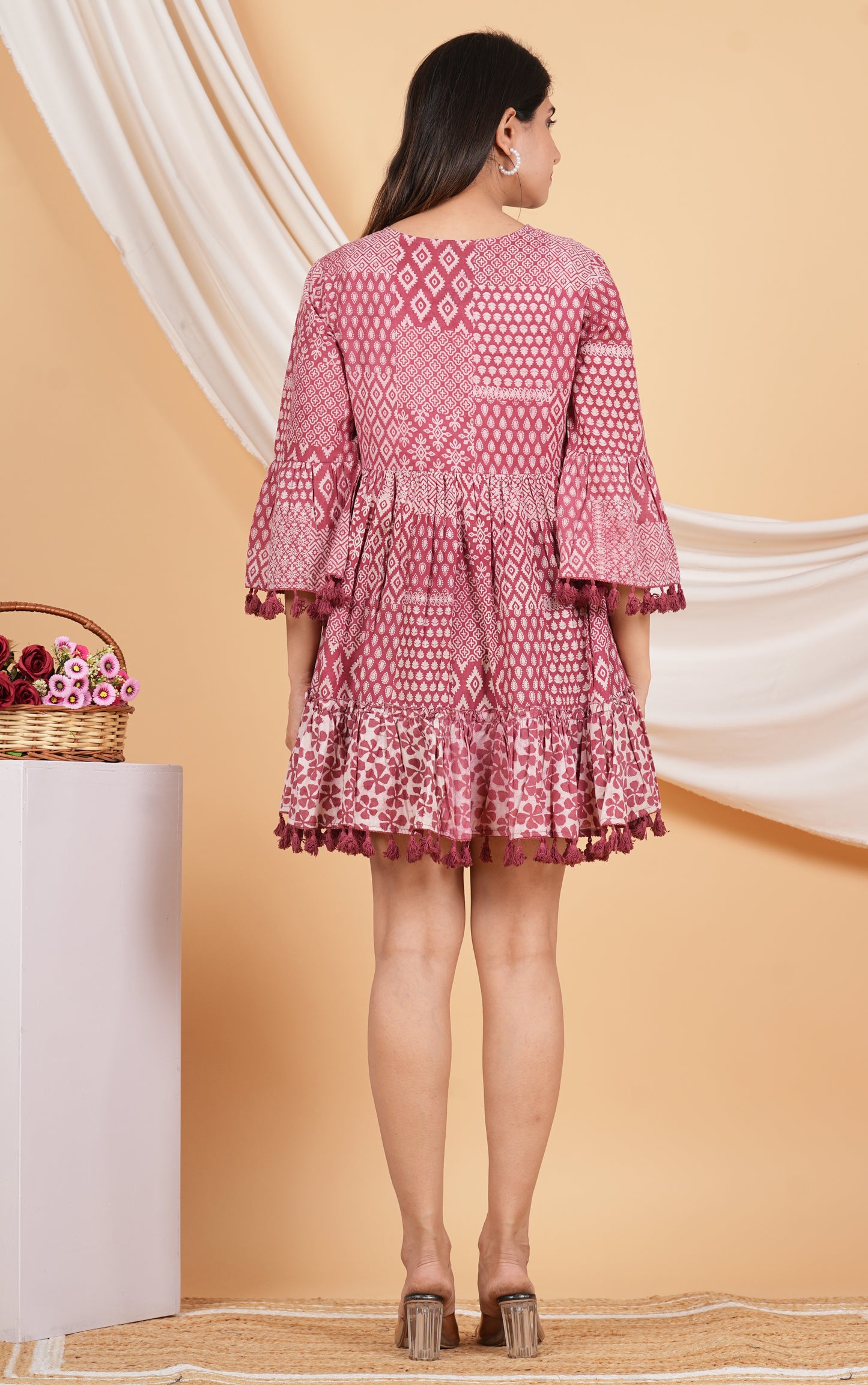 Kalparun Floral Print Mini Dress with Bell Sleeves, Coral Pink Color, Tassel Trim, Cotton Blend