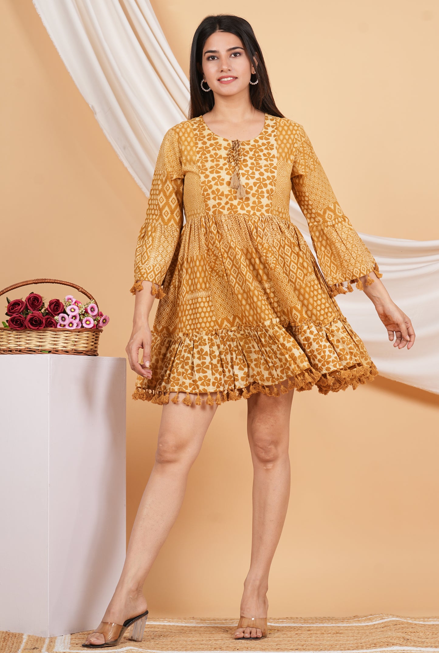 Kalparun Floral Print Mini Dress with Bell Sleeves, Coral Pink, Tassel Trim, Cotton Blend