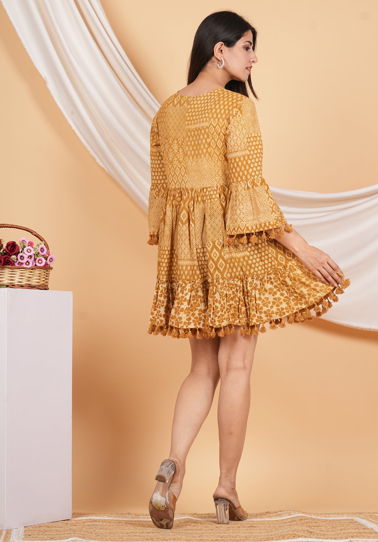 Kalparun Floral Print Mini Dress with Bell Sleeves, Coral Pink, Tassel Trim, Cotton Blend