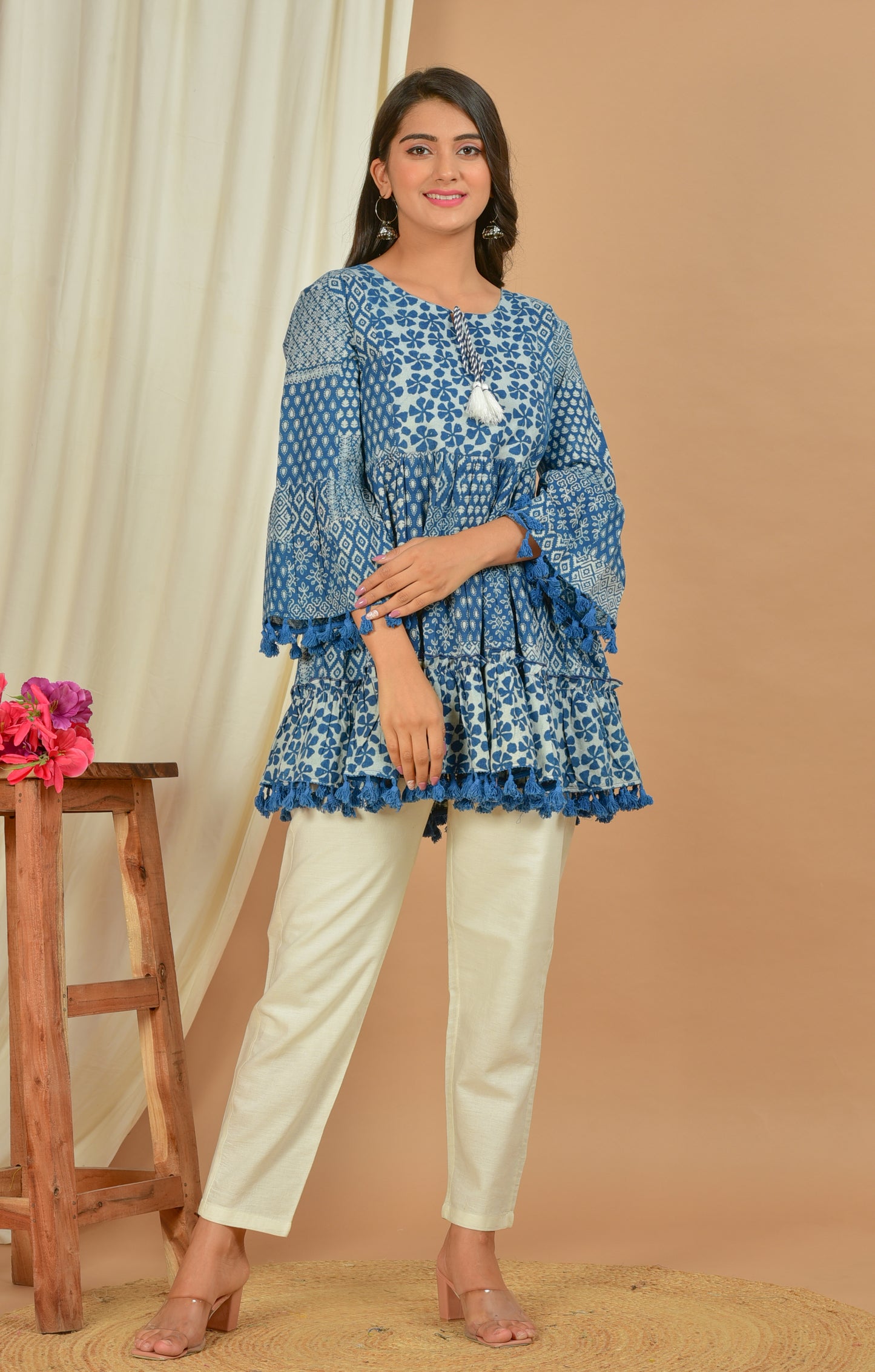 Kalparun Floral Print Mini Dress – Blue with Bell Sleeves & Tassel Trim