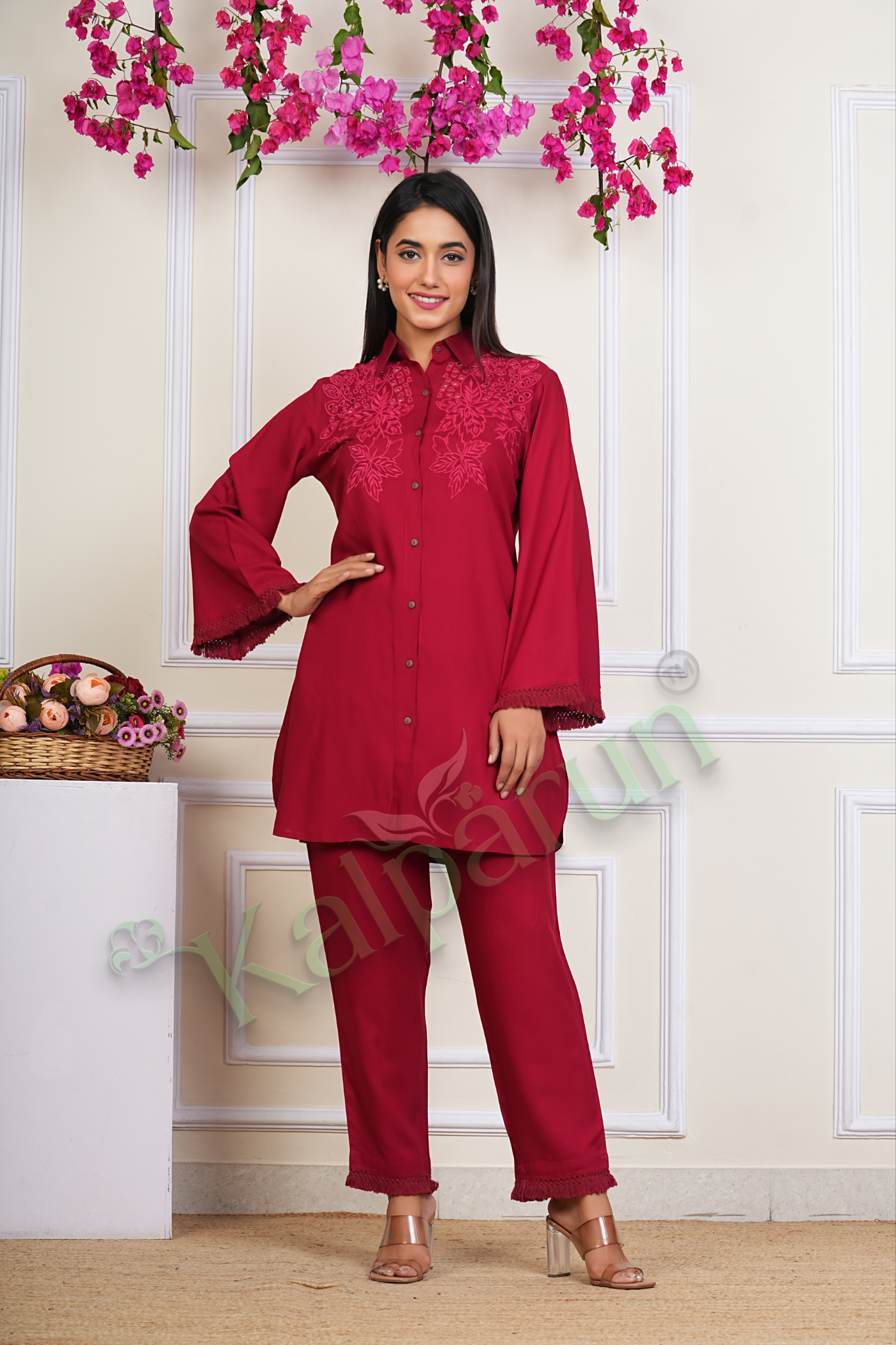 Elegant Red Embroidered Button-Down Tunic with Bell Sleeves and Matching Trousers, Traditional Floral Design