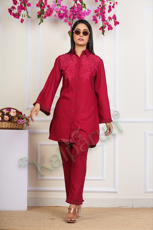 Elegant Red Embroidered Button-Down Tunic with Bell Sleeves and Matching Trousers, Traditional Floral Design