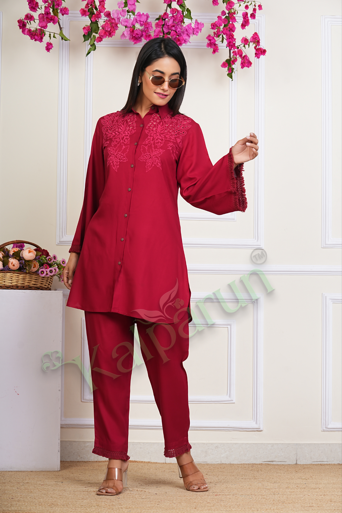 Elegant Red Embroidered Button-Down Tunic with Bell Sleeves and Matching Trousers, Traditional Floral Design