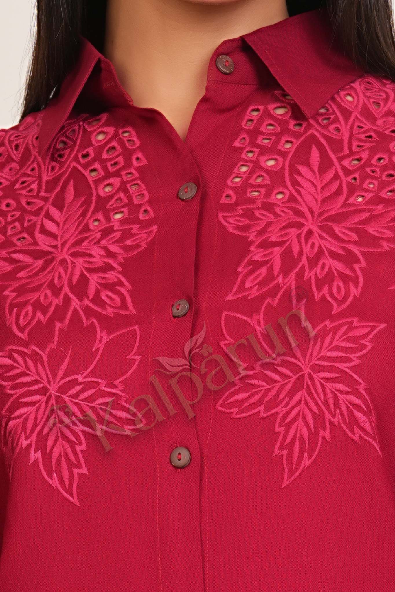 Elegant Red Embroidered Button-Down Tunic with Bell Sleeves and Matching Trousers, Traditional Floral Design