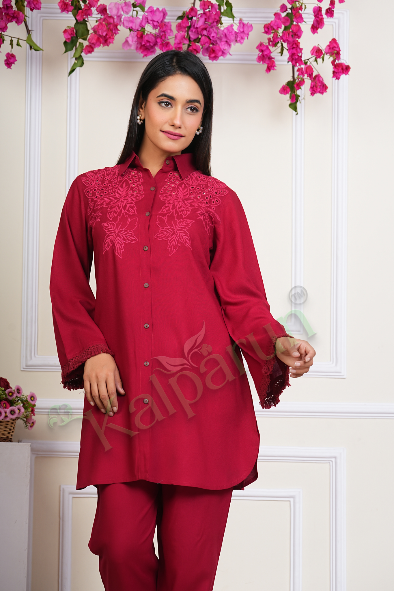 Elegant Red Embroidered Button-Down Tunic with Bell Sleeves and Matching Trousers, Traditional Floral Design