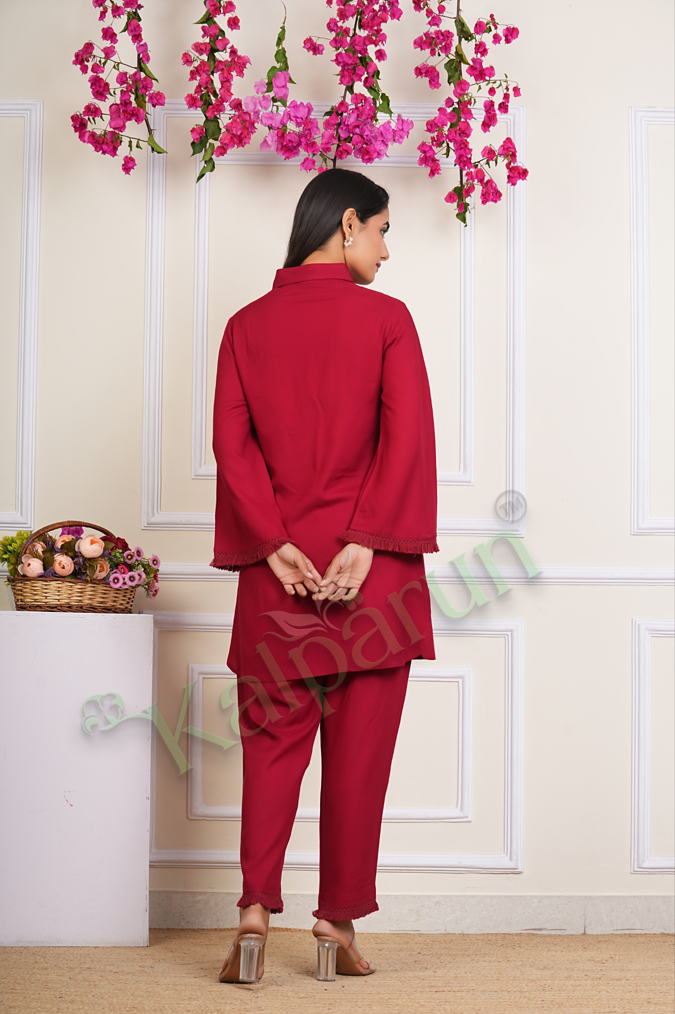 Elegant Red Embroidered Button-Down Tunic with Bell Sleeves and Matching Trousers, Traditional Floral Design