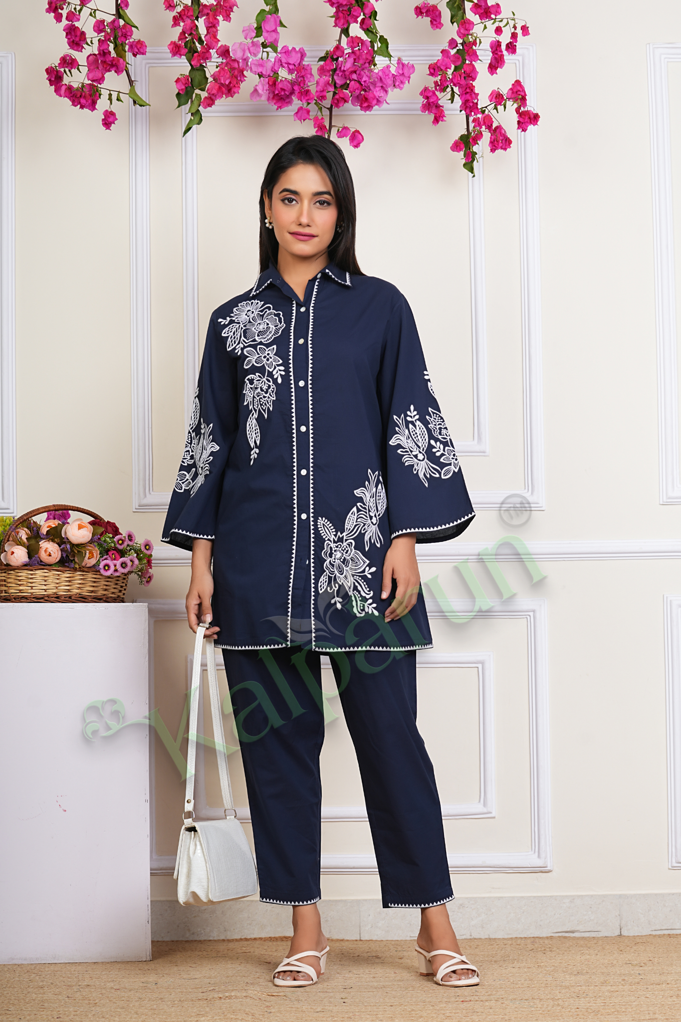 Women's Navy Blue Cotton cord Set with White Floral Embroidery, Button-Down Collar, Bell Sleeves, Traditional 2-Piece Set