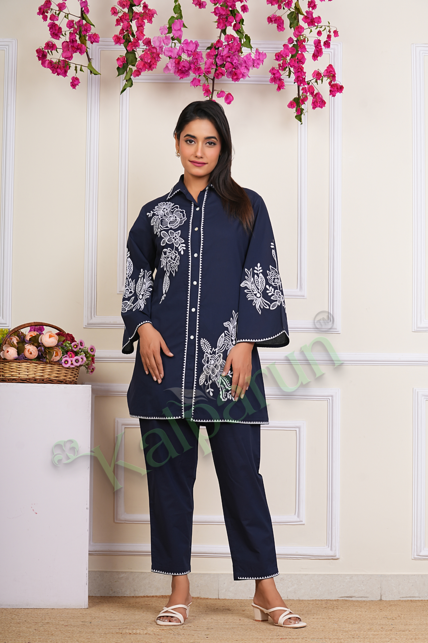 Women's Navy Blue Cotton cord Set with White Floral Embroidery, Button-Down Collar, Bell Sleeves, Traditional 2-Piece Set