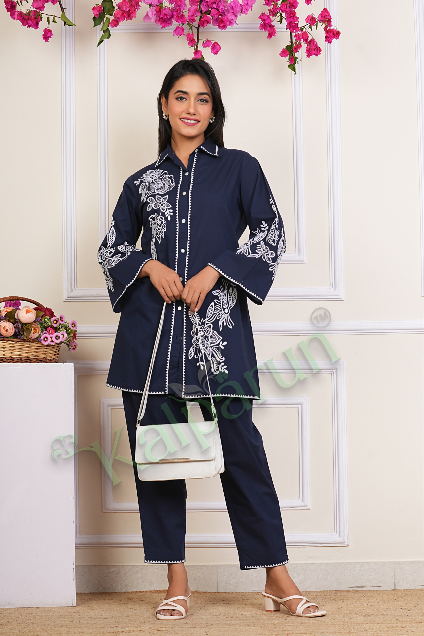Women's Navy Blue Cotton cord Set with White Floral Embroidery, Button-Down Collar, Bell Sleeves, Traditional 2-Piece Set