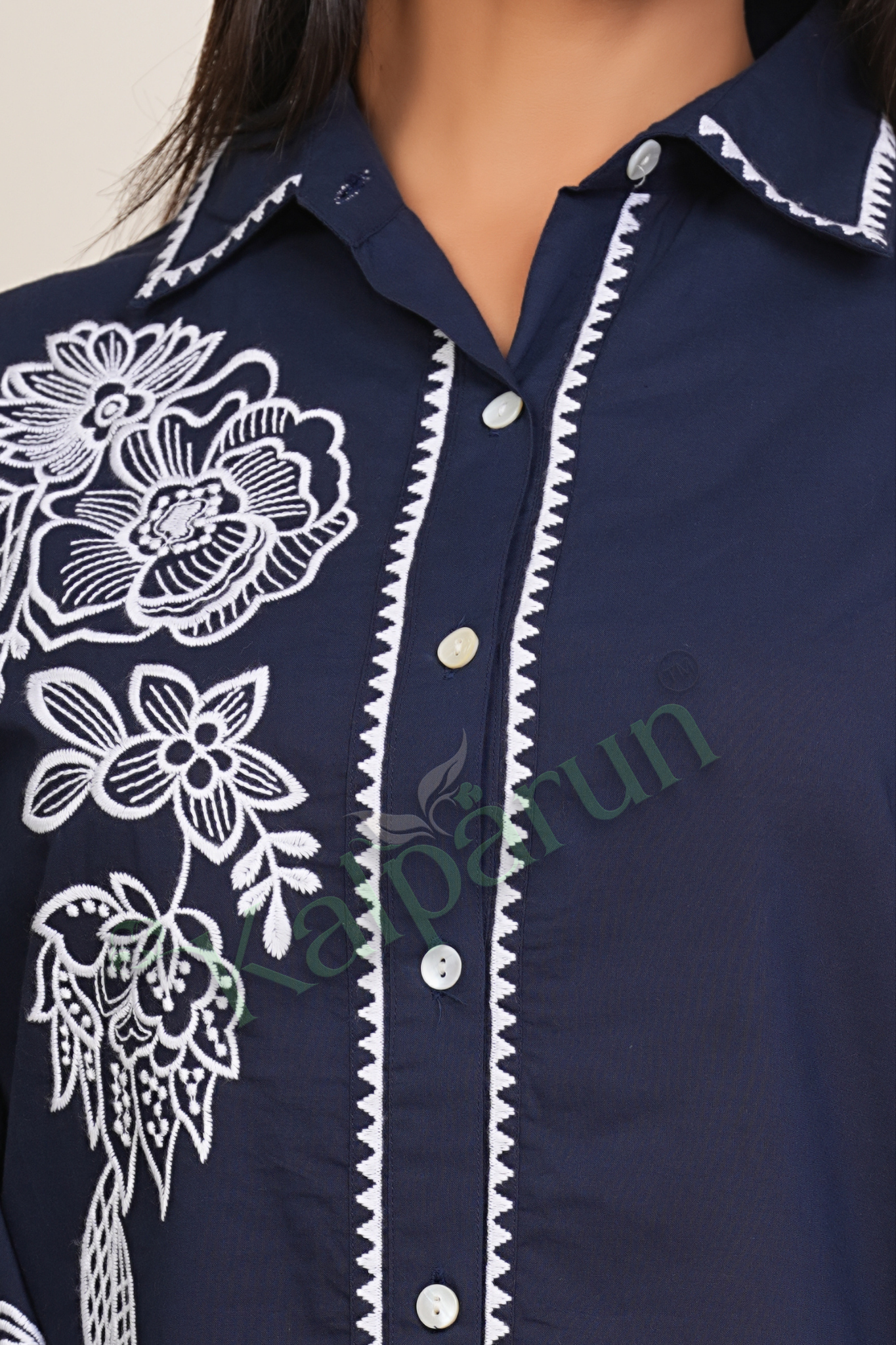 Women's Navy Blue Cotton cord Set with White Floral Embroidery, Button-Down Collar, Bell Sleeves, Traditional 2-Piece Set