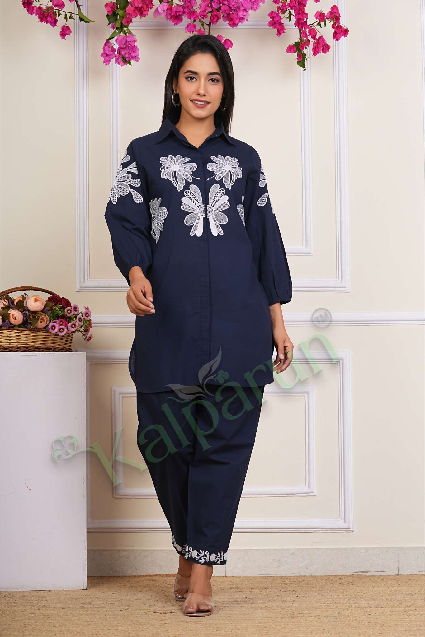 Women's Navy Blue Cotton Tunic Set with White Floral Embroidery, 3/4 Sleeve Collared Top with Pants