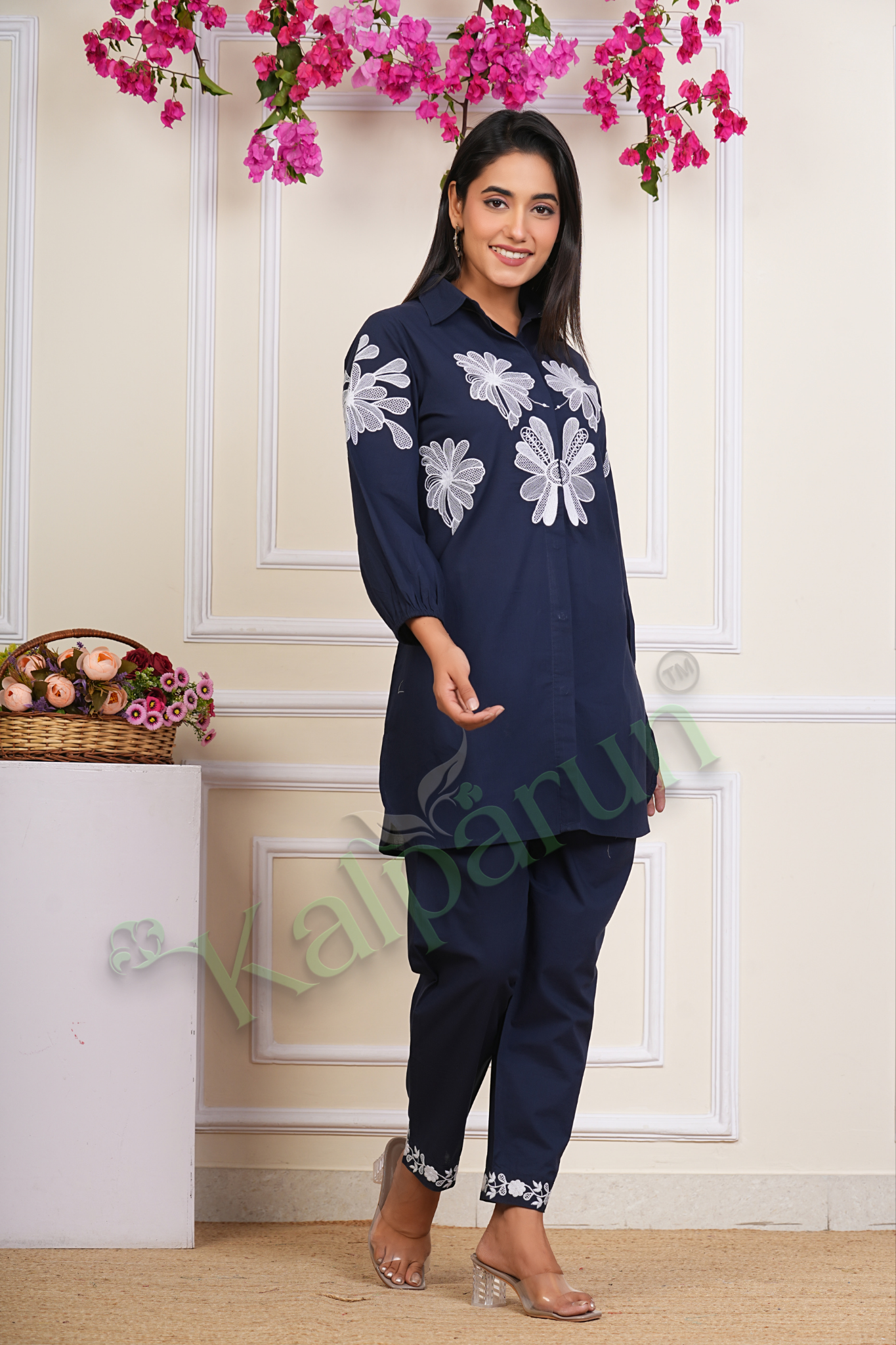 Women's Navy Blue Cotton Tunic Set with White Floral Embroidery, 3/4 Sleeve Collared Top with Pants
