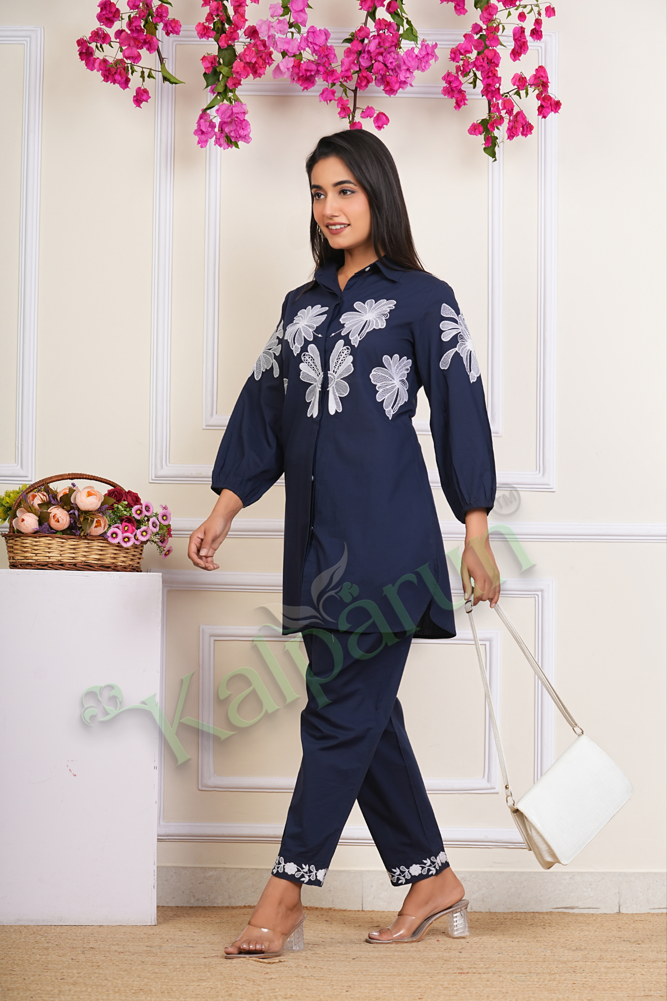 Women's Navy Blue Cotton Tunic Set with White Floral Embroidery, 3/4 Sleeve Collared Top with Pants