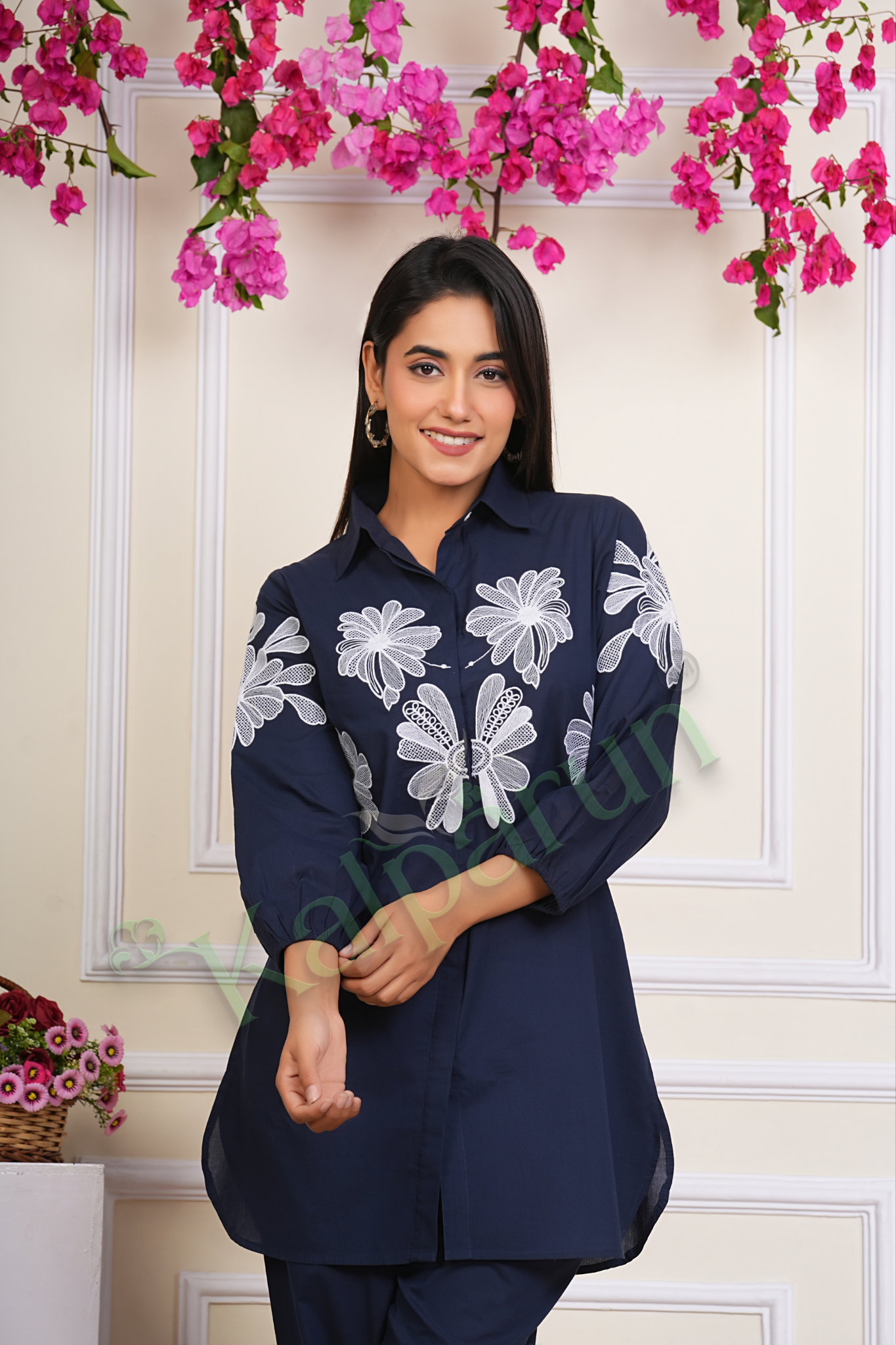 Women's Navy Blue Cotton Tunic Set with White Floral Embroidery, 3/4 Sleeve Collared Top with Pants