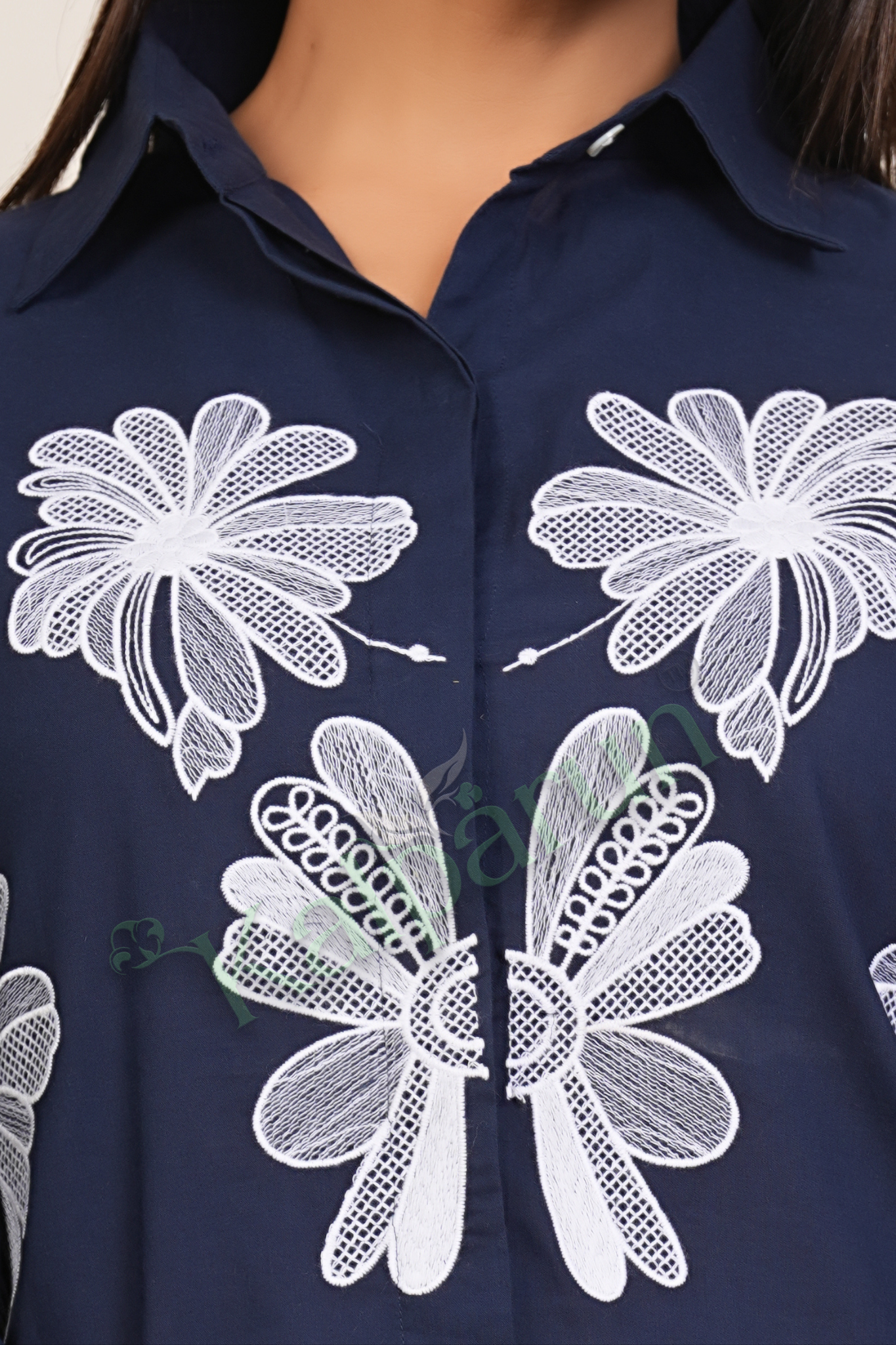 Women's Navy Blue Cotton Tunic Set with White Floral Embroidery, 3/4 Sleeve Collared Top with Pants