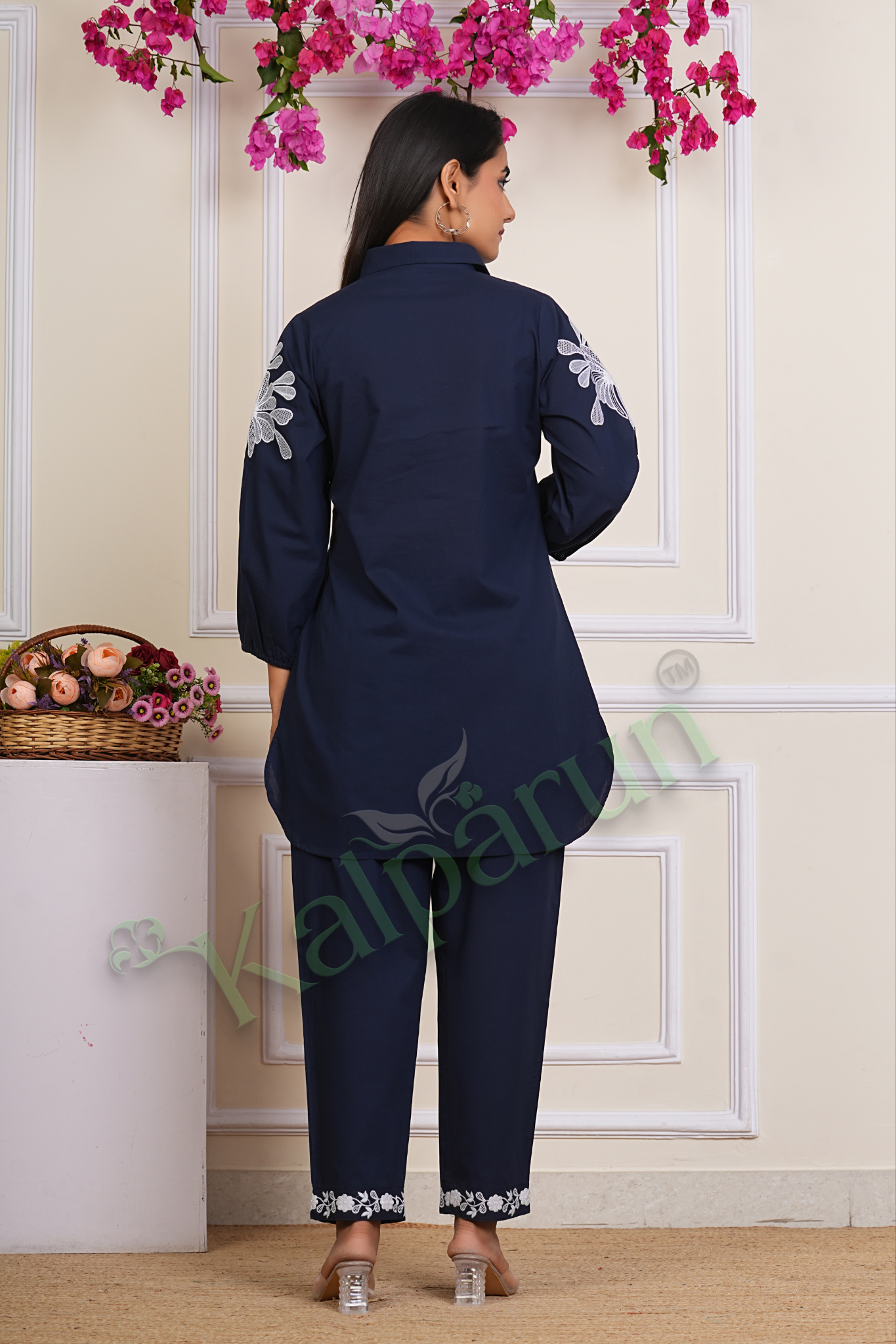 Women's Navy Blue Cotton Tunic Set with White Floral Embroidery, 3/4 Sleeve Collared Top with Pants