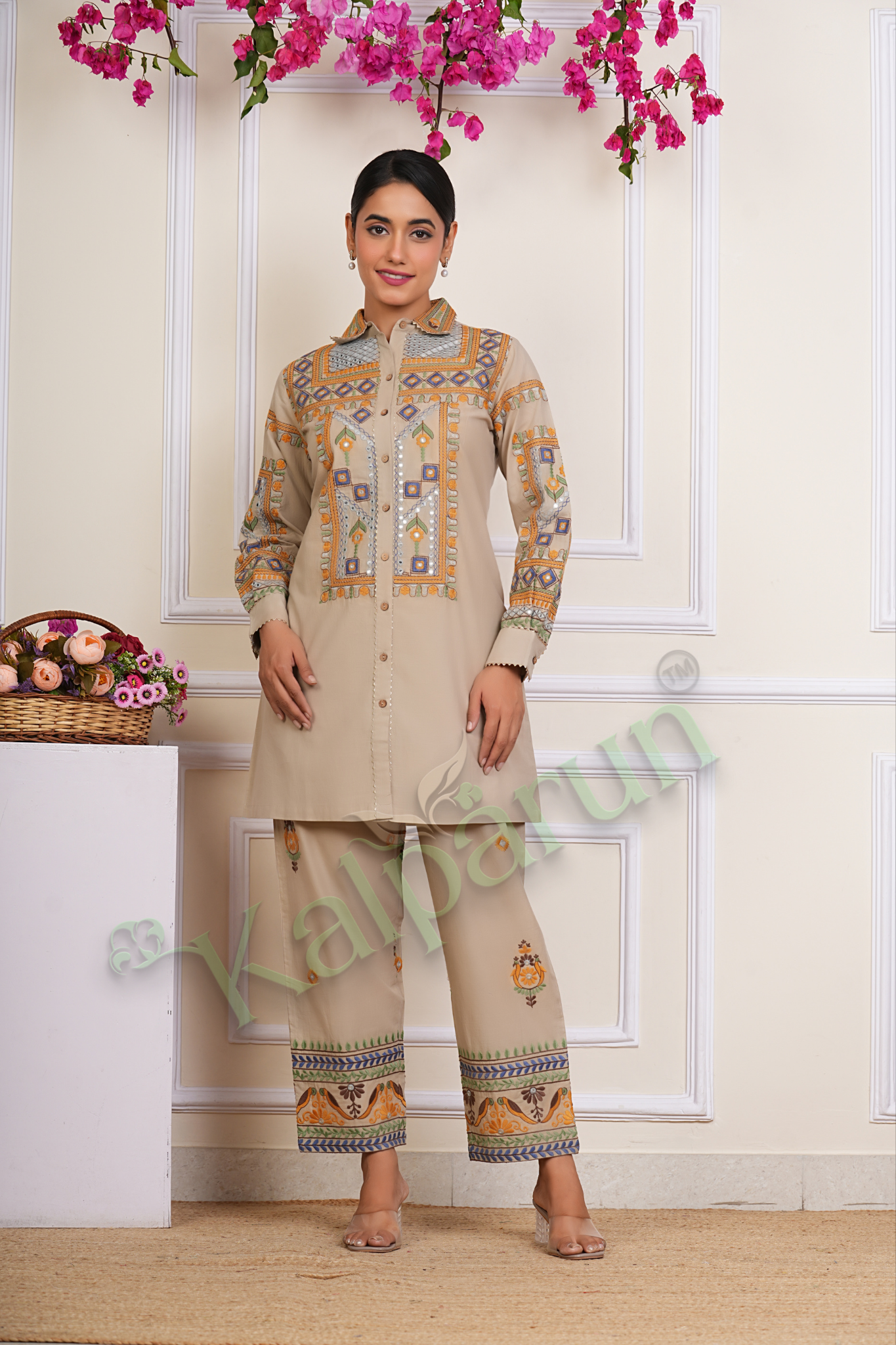 KALPARUN Embroidered Cotton Tunic Set, Beige Button-Down Kurta with Palazzo Pants, Geometric and Floral Design