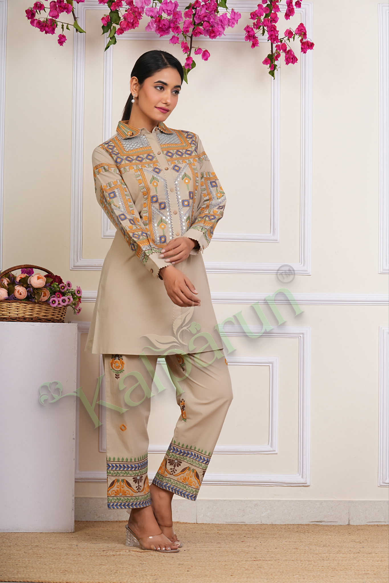 KALPARUN Embroidered Cotton Tunic Set, Beige Button-Down Kurta with Palazzo Pants, Geometric and Floral Design