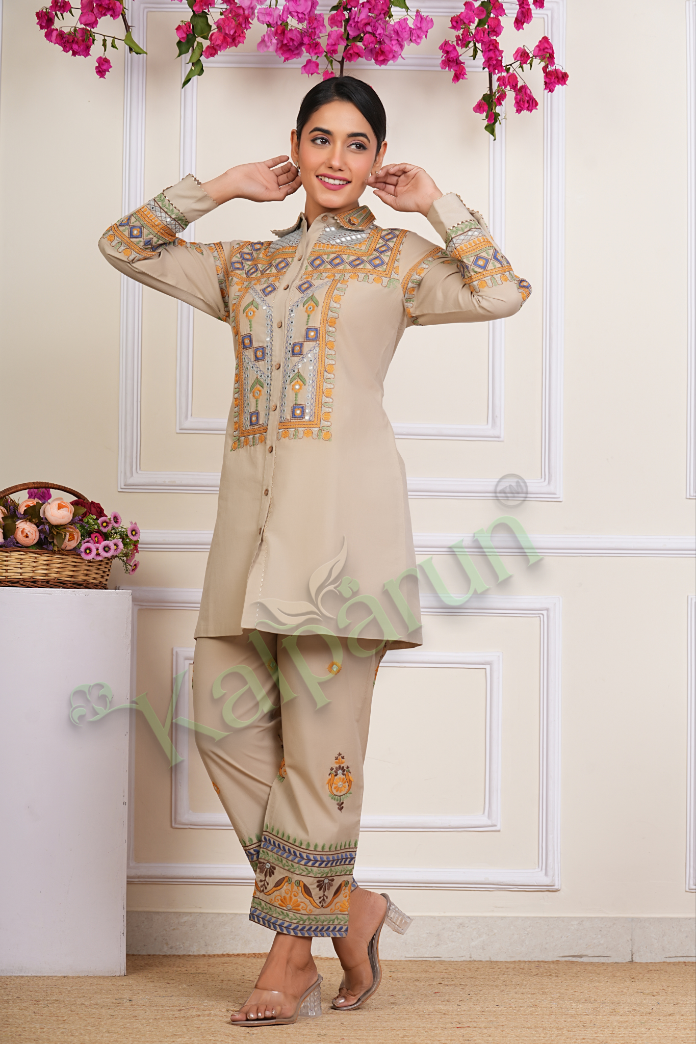 KALPARUN Embroidered Cotton Tunic Set, Beige Button-Down Kurta with Palazzo Pants, Geometric and Floral Design