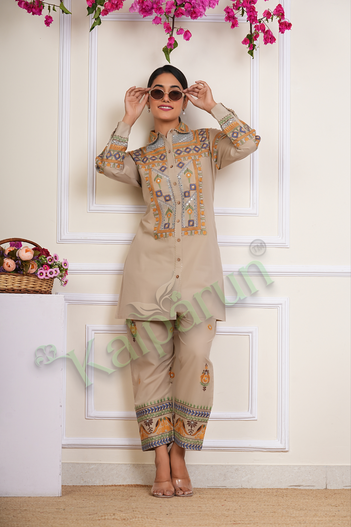 KALPARUN Embroidered Cotton Tunic Set, Beige Button-Down Kurta with Palazzo Pants, Geometric and Floral Design