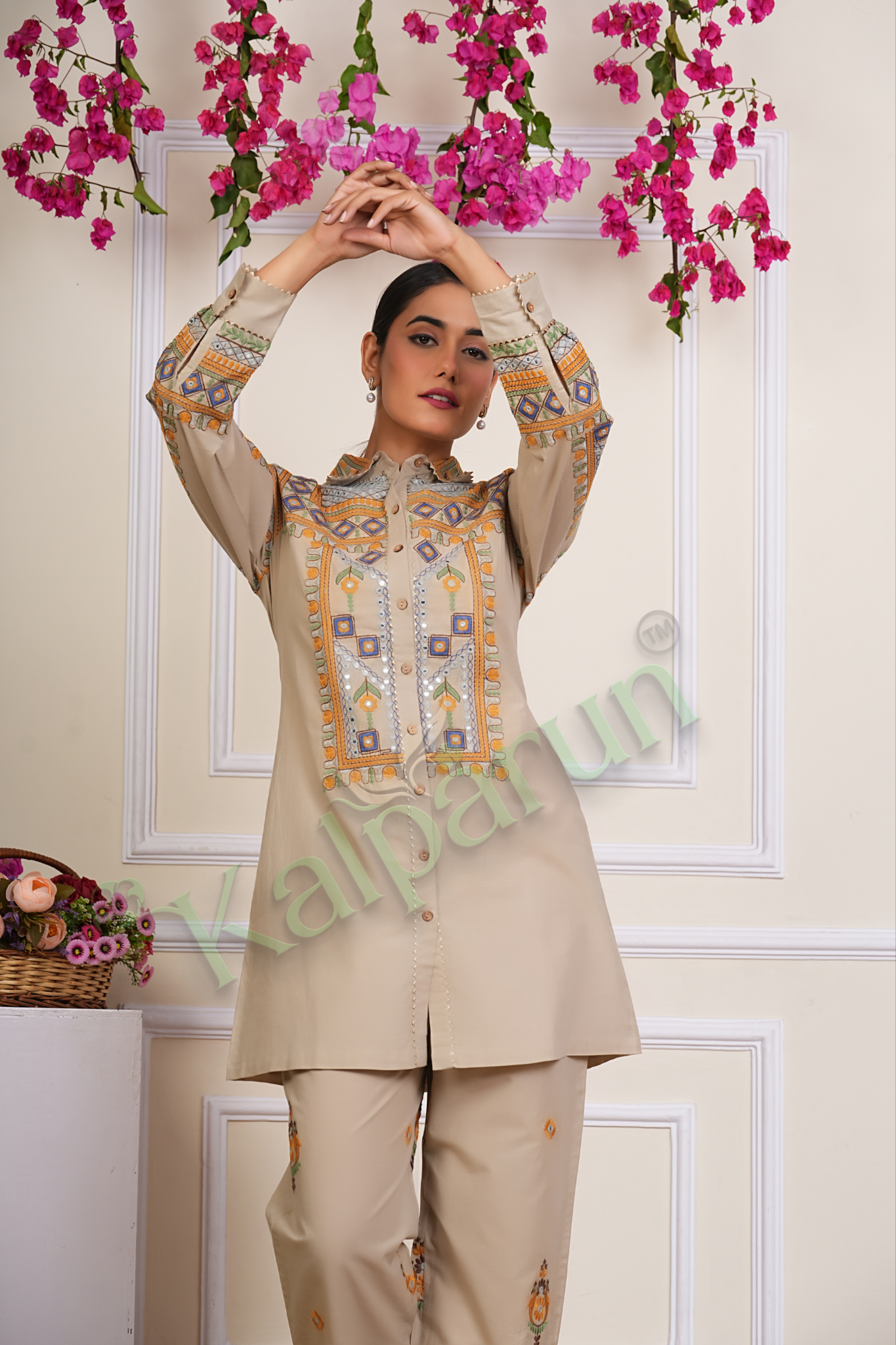 KALPARUN Embroidered Cotton Tunic Set, Beige Button-Down Kurta with Palazzo Pants, Geometric and Floral Design