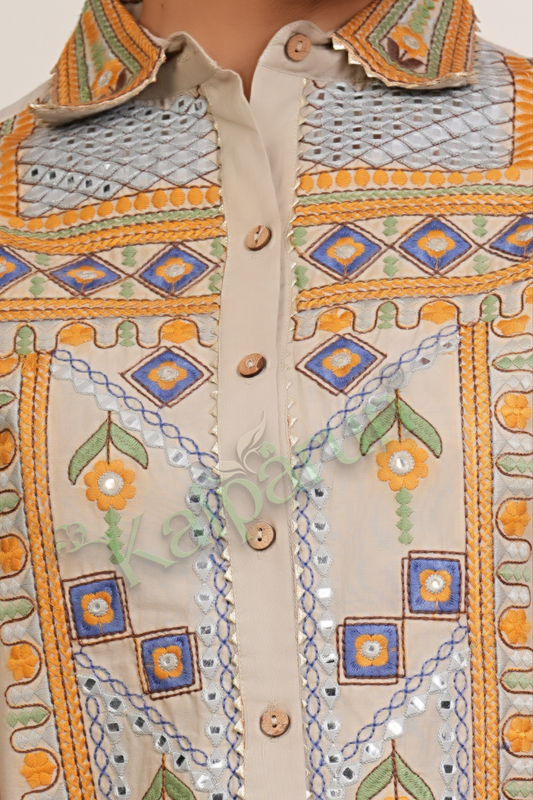 KALPARUN Embroidered Cotton Tunic Set, Beige Button-Down Kurta with Palazzo Pants, Geometric and Floral Design
