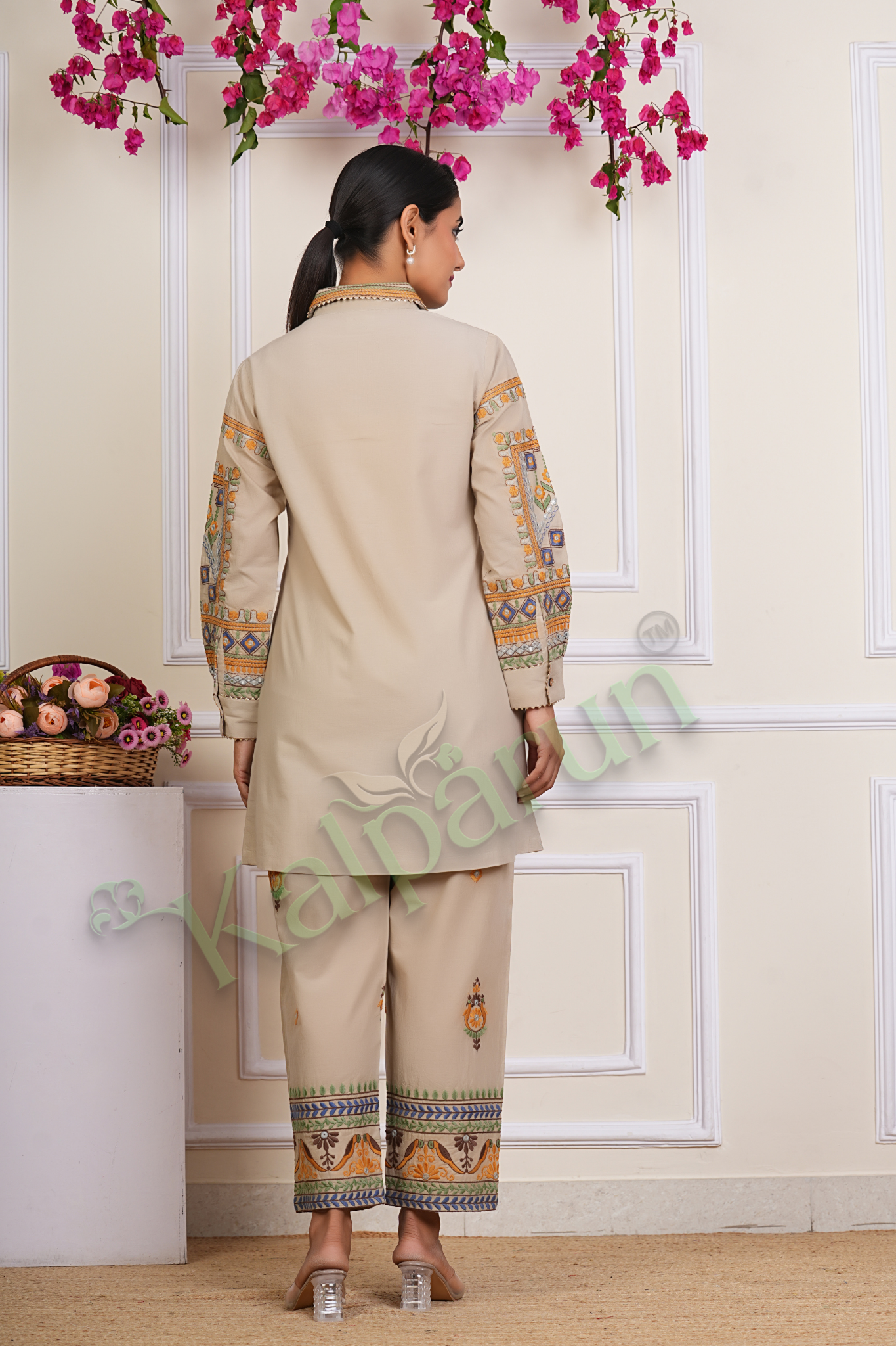 KALPARUN Embroidered Cotton Tunic Set, Beige Button-Down Kurta with Palazzo Pants, Geometric and Floral Design