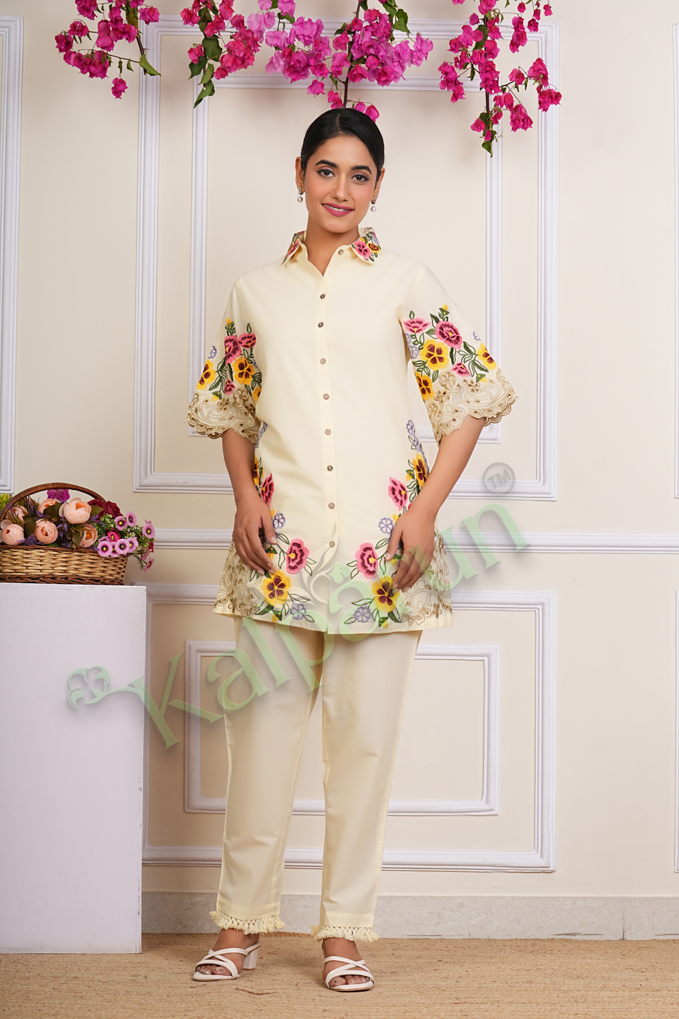 KALPARUN Floral Embroidered Cotton Tunic Set, Cream Button-Down Top with Pants, Lace Detail on 3/4 Sleeves