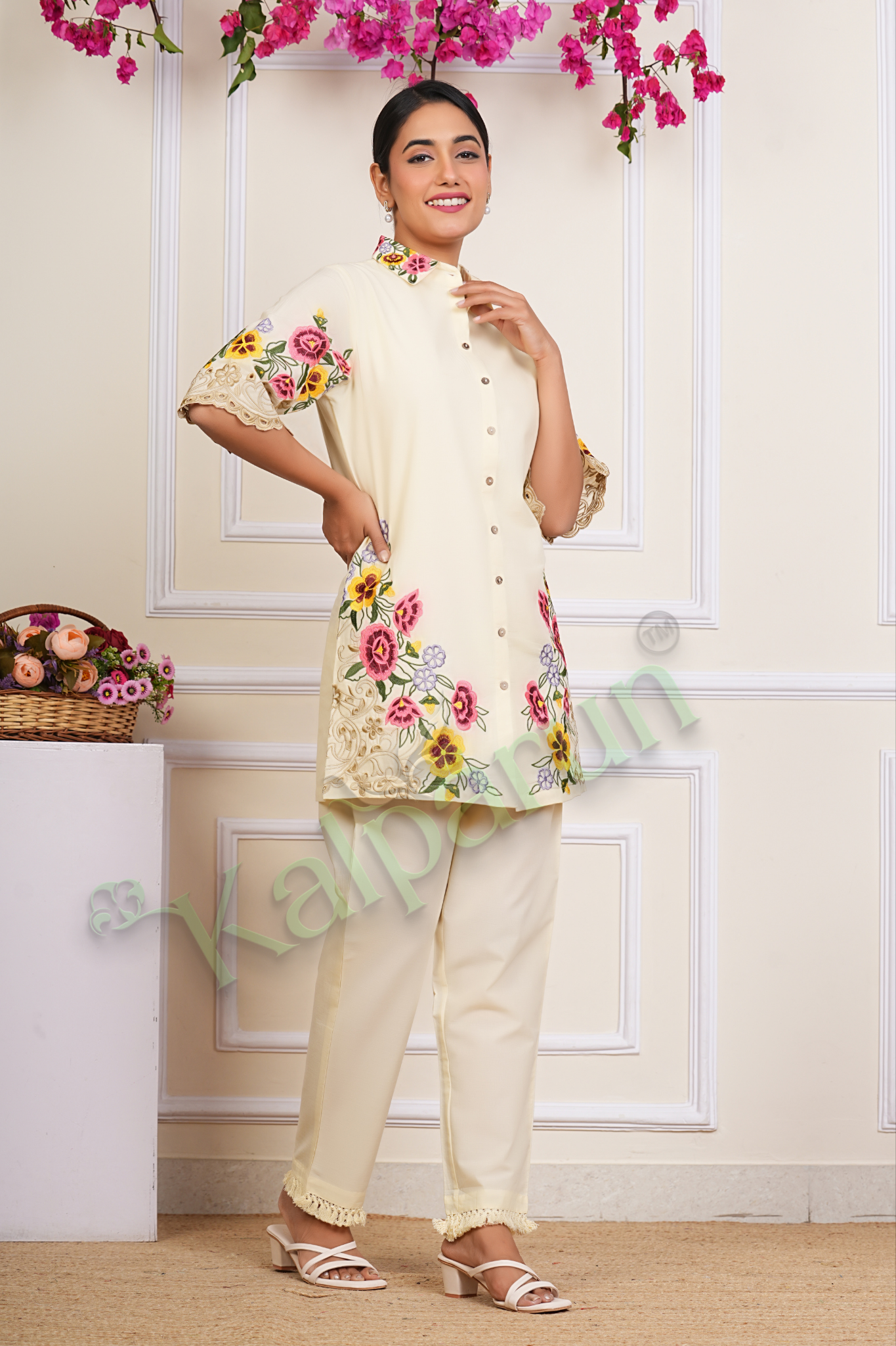 KALPARUN Floral Embroidered Cotton Tunic Set, Cream Button-Down Top with Pants, Lace Detail on 3/4 Sleeves