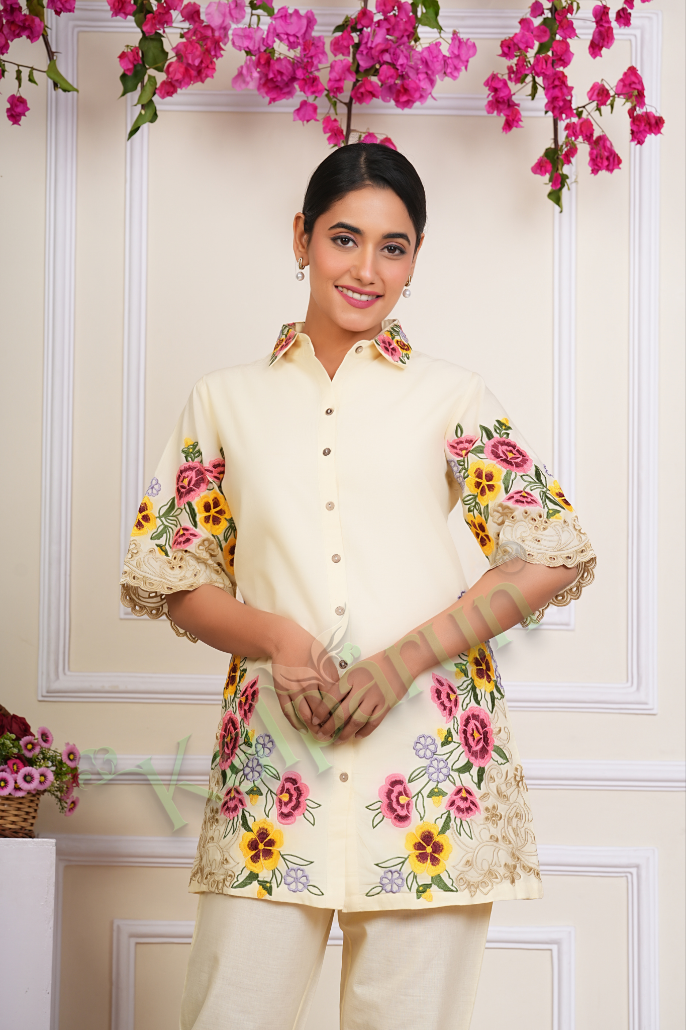 KALPARUN Floral Embroidered Cotton Tunic Set, Cream Button-Down Top with Pants, Lace Detail on 3/4 Sleeves