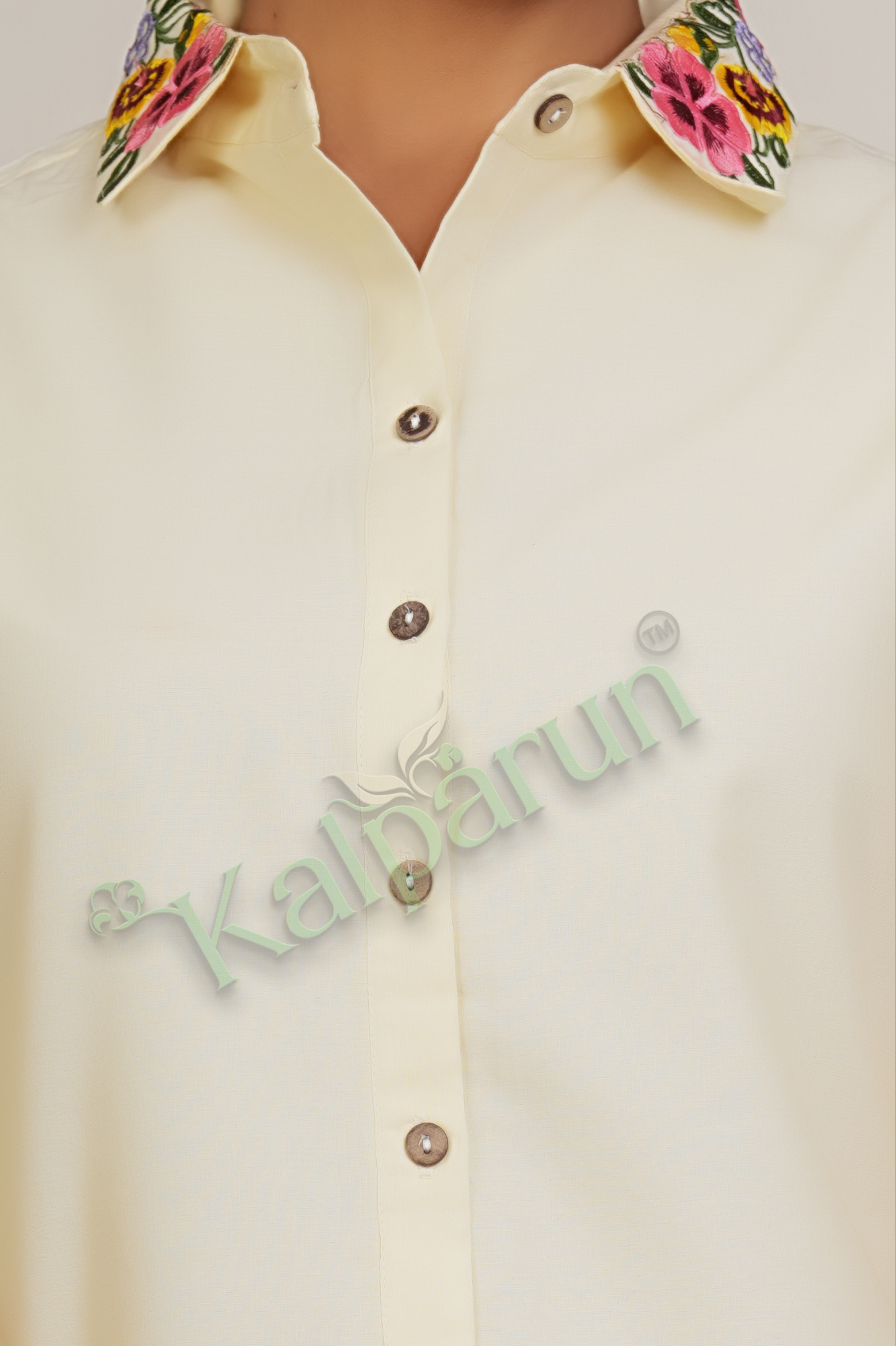 KALPARUN Floral Embroidered Cotton Tunic Set, Cream Button-Down Top with Pants, Lace Detail on 3/4 Sleeves