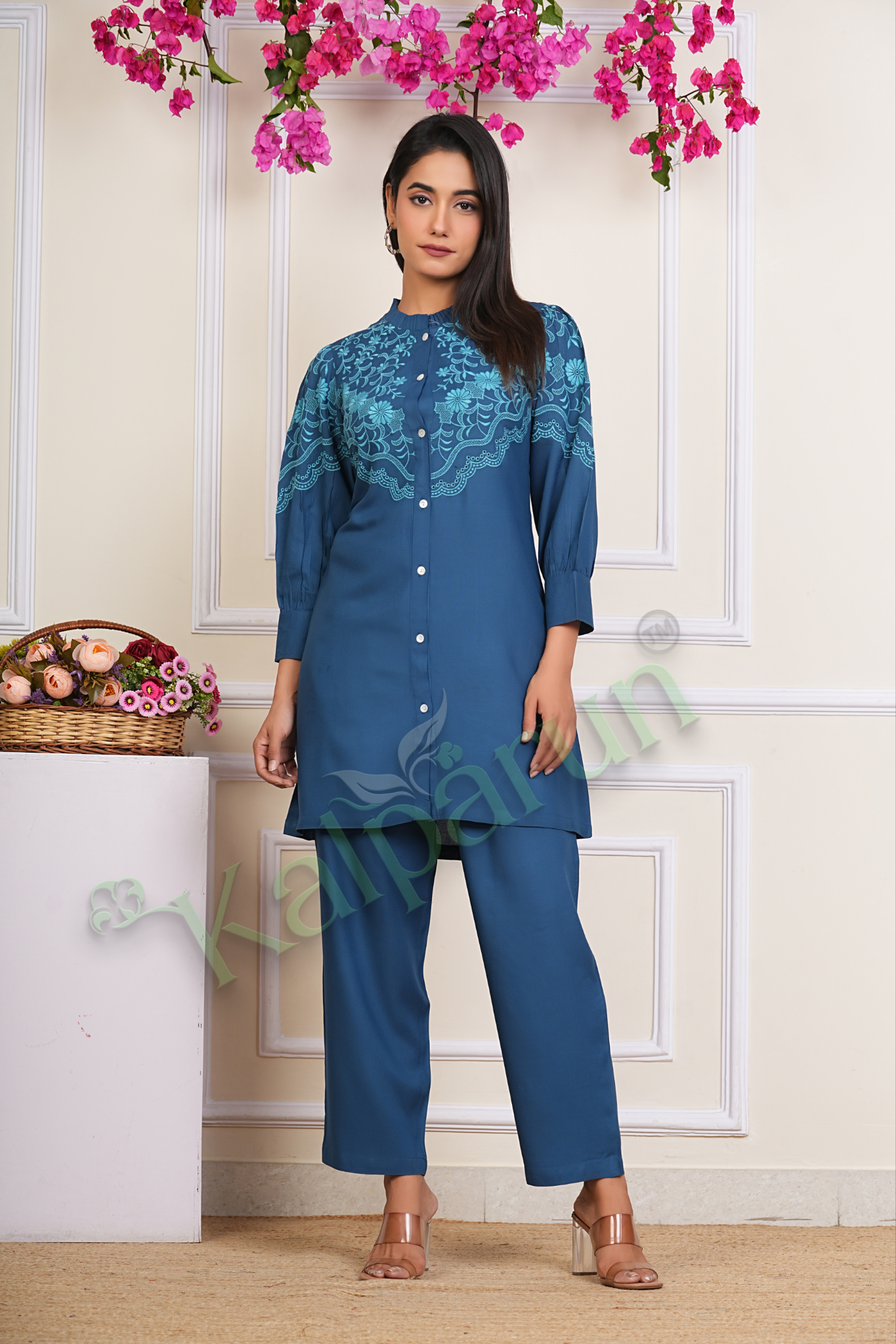 Kalparun Women's Embroidered Cotton Kurta Set, Teal Blue with Floral Design, Button-Down, 3/4 Sleeve