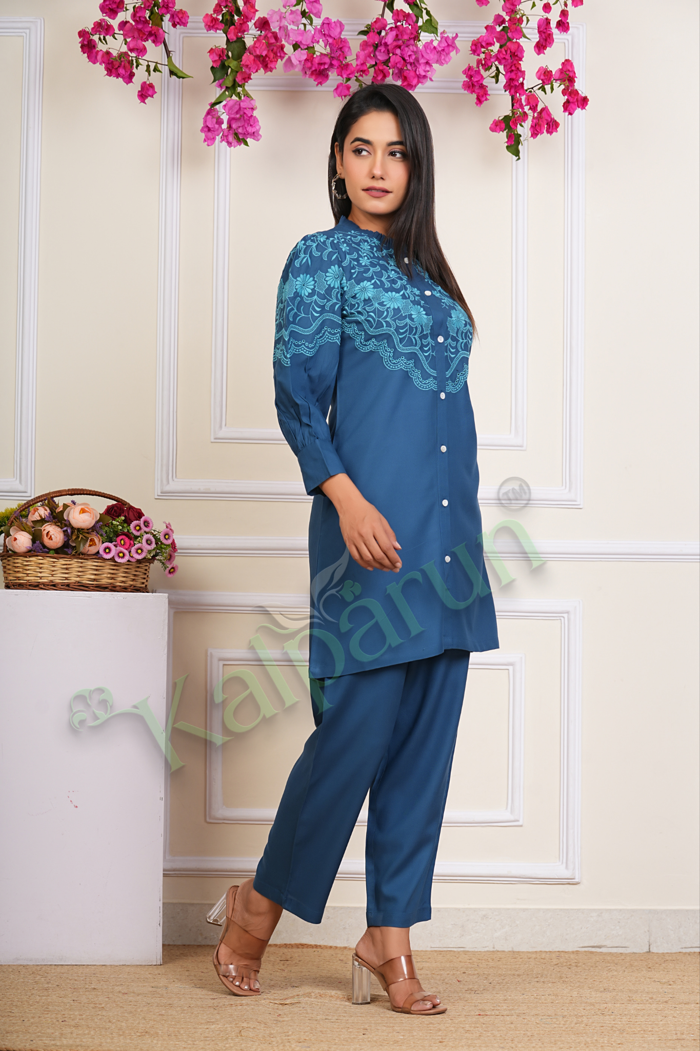 Kalparun Women's Embroidered Cotton Kurta Set, Teal Blue with Floral Design, Button-Down, 3/4 Sleeve