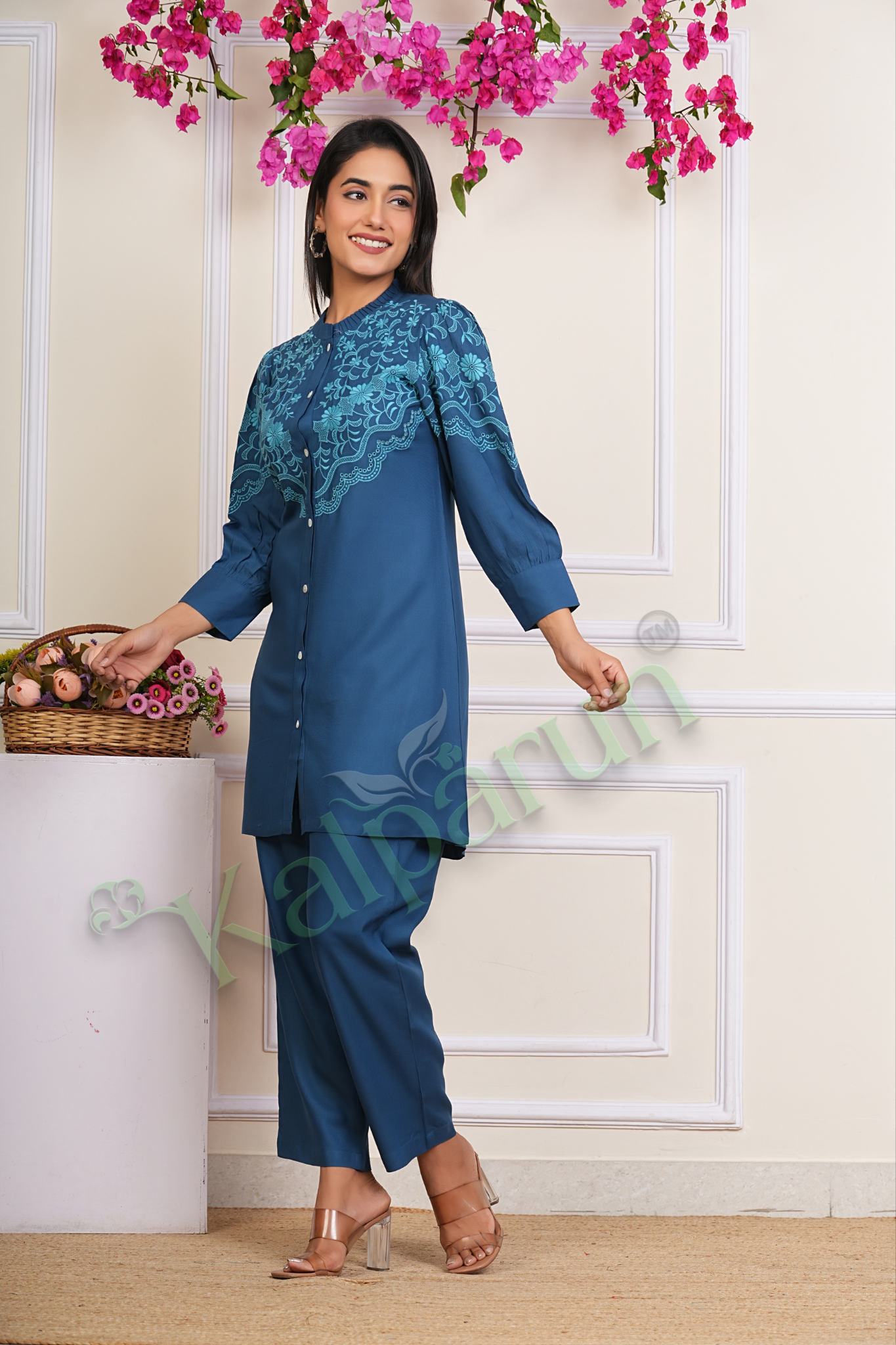 Kalparun Women's Embroidered Cotton Kurta Set, Teal Blue with Floral Design, Button-Down, 3/4 Sleeve