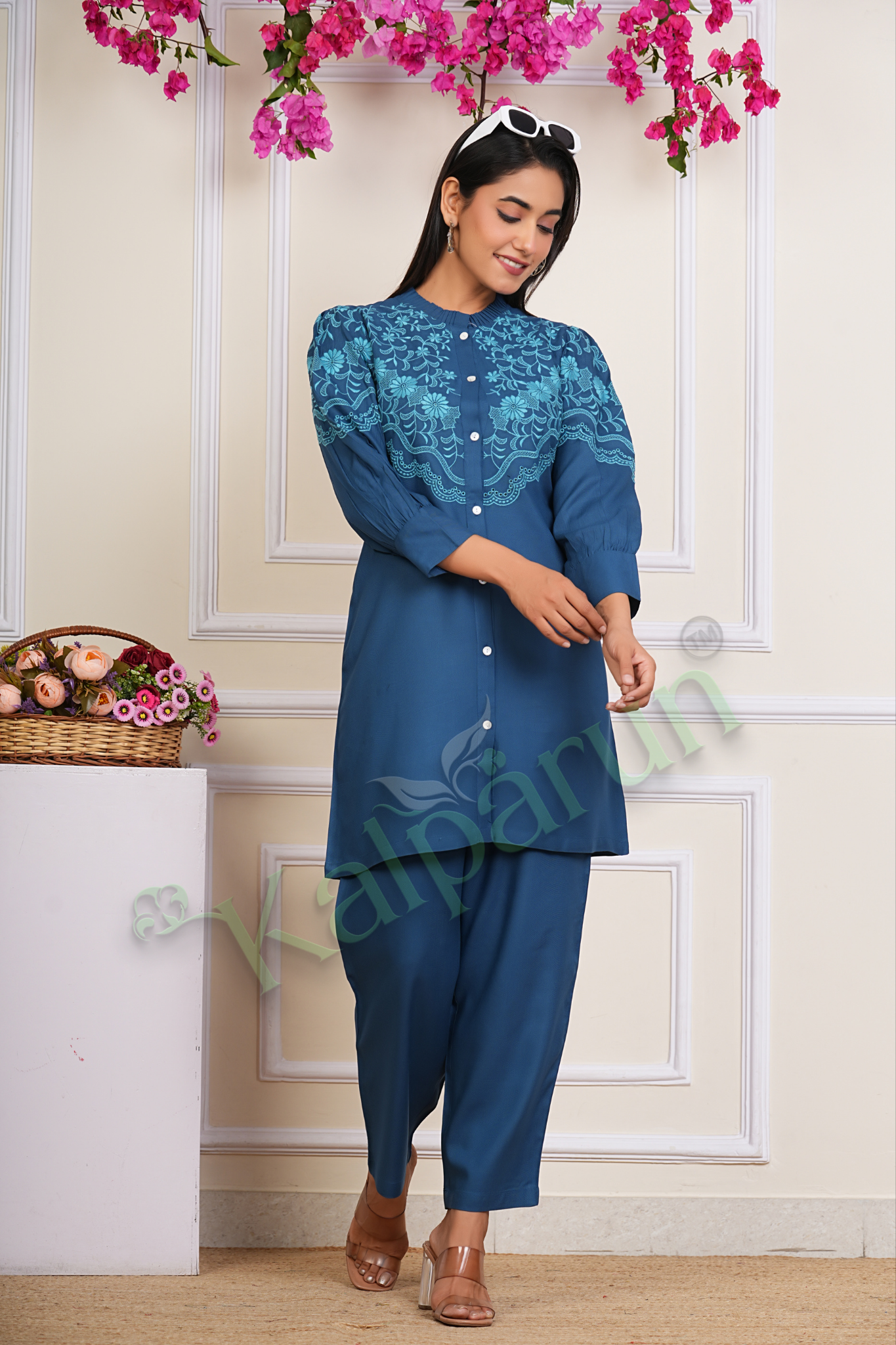 Kalparun Women's Embroidered Cotton Kurta Set, Teal Blue with Floral Design, Button-Down, 3/4 Sleeve