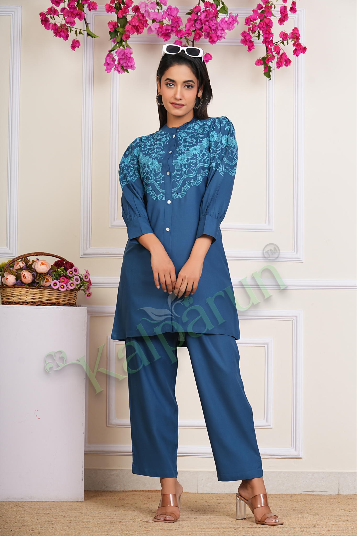 Kalparun Women's Embroidered Cotton Kurta Set, Teal Blue with Floral Design, Button-Down, 3/4 Sleeve
