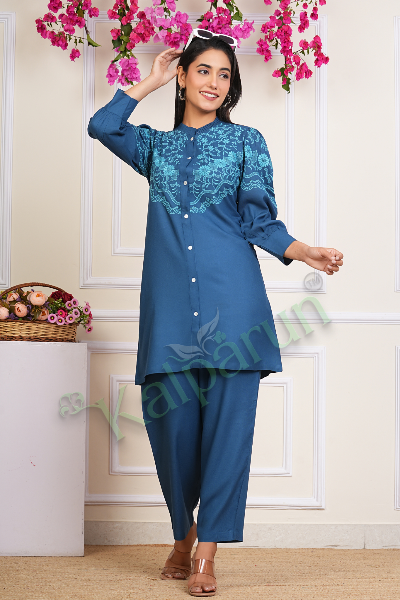 Kalparun Women's Embroidered Cotton Kurta Set, Teal Blue with Floral Design, Button-Down, 3/4 Sleeve