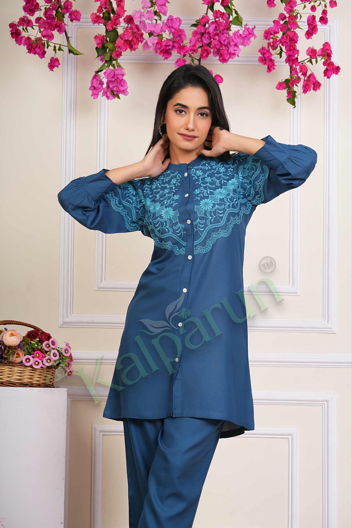 Kalparun Women's Embroidered Cotton Kurta Set, Teal Blue with Floral Design, Button-Down, 3/4 Sleeve