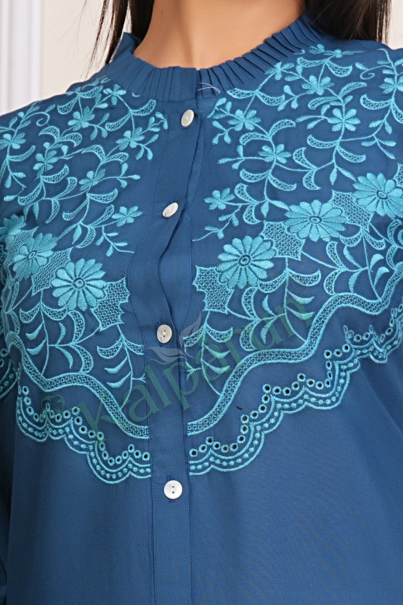 Kalparun Women's Embroidered Cotton Kurta Set, Teal Blue with Floral Design, Button-Down, 3/4 Sleeve