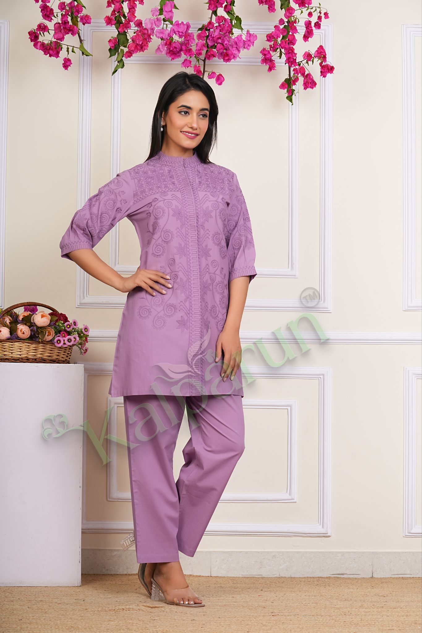 KALPARUN Women's Cotton Kurta Set with Embroidery, Lavender Purple, 3/4 Sleeve, Mandarin Collar