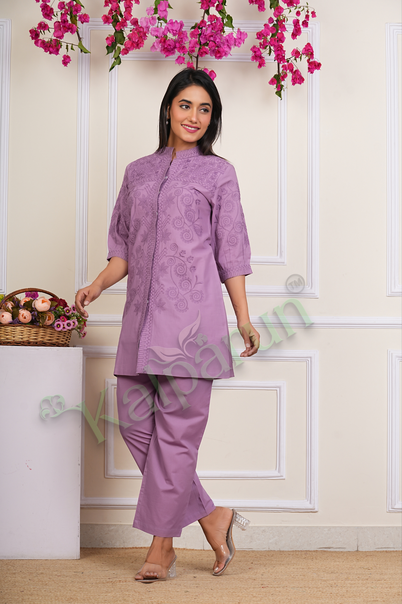 KALPARUN Women's Cotton Kurta Set with Embroidery, Lavender Purple, 3/4 Sleeve, Mandarin Collar