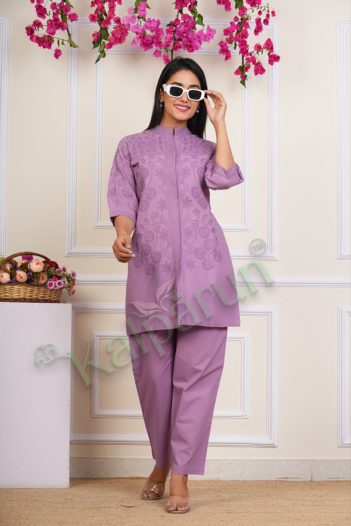 KALPARUN Women's Cotton Kurta Set with Embroidery, Lavender Purple, 3/4 Sleeve, Mandarin Collar