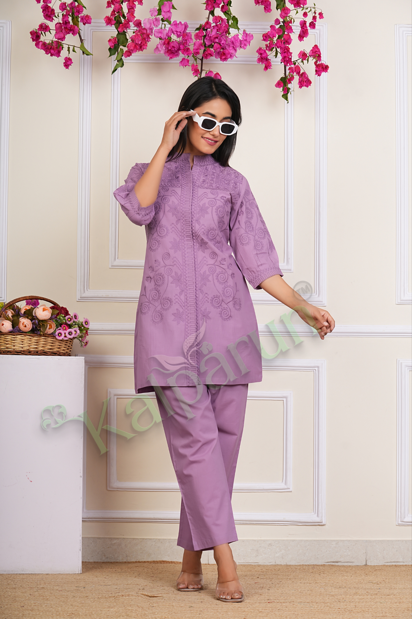 KALPARUN Women's Cotton Kurta Set with Embroidery, Lavender Purple, 3/4 Sleeve, Mandarin Collar