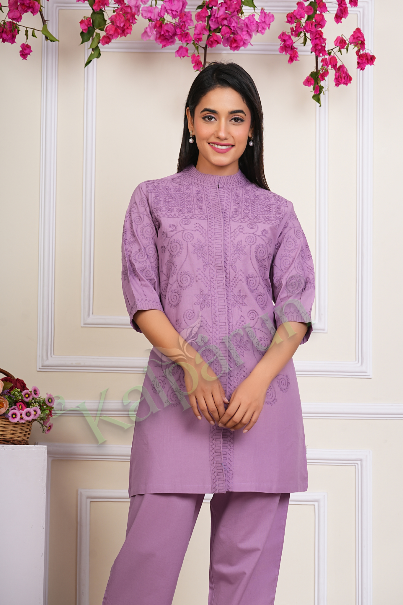 KALPARUN Women's Cotton Kurta Set with Embroidery, Lavender Purple, 3/4 Sleeve, Mandarin Collar