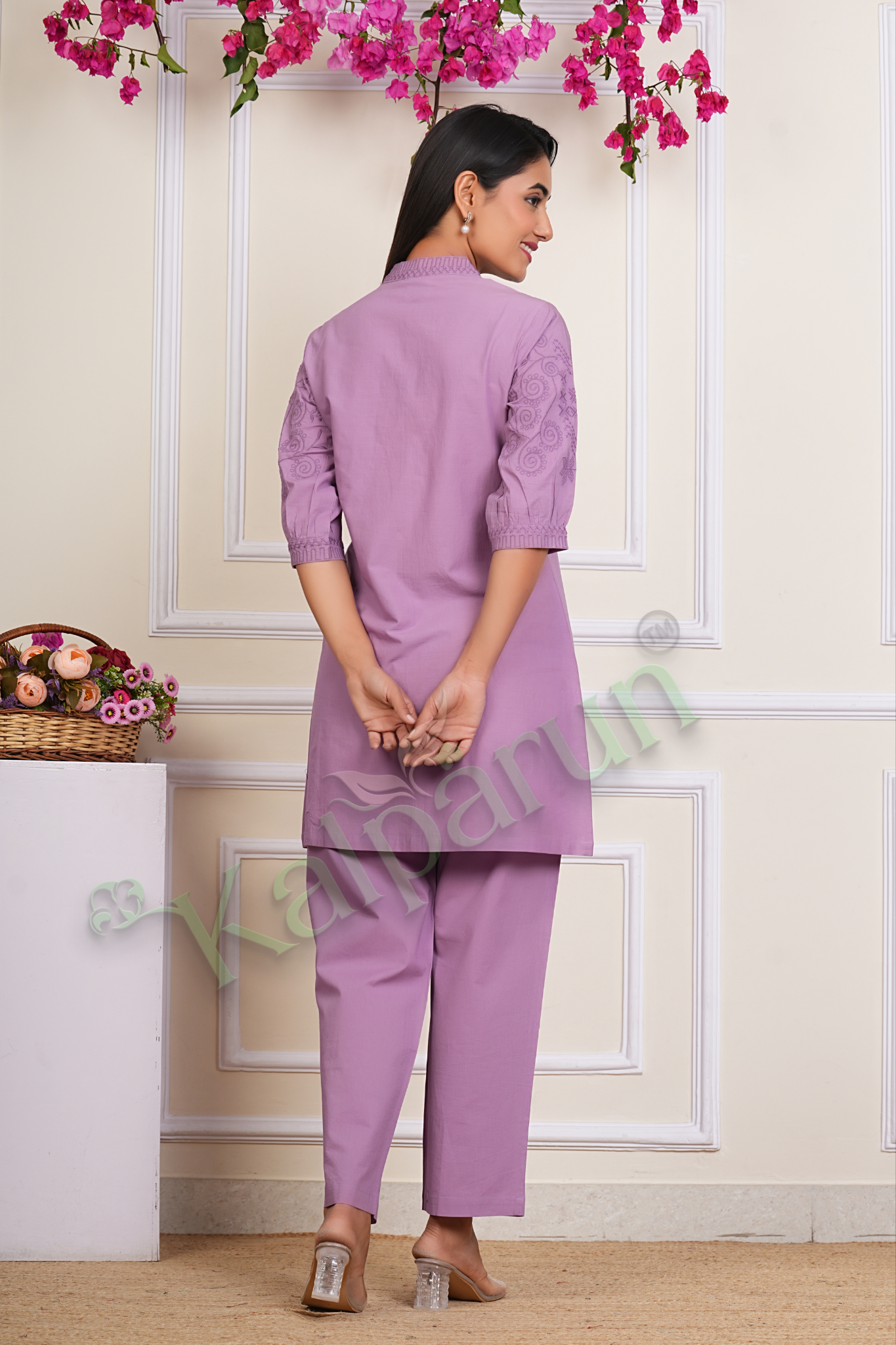 KALPARUN Women's Cotton Kurta Set with Embroidery, Lavender Purple, 3/4 Sleeve, Mandarin Collar