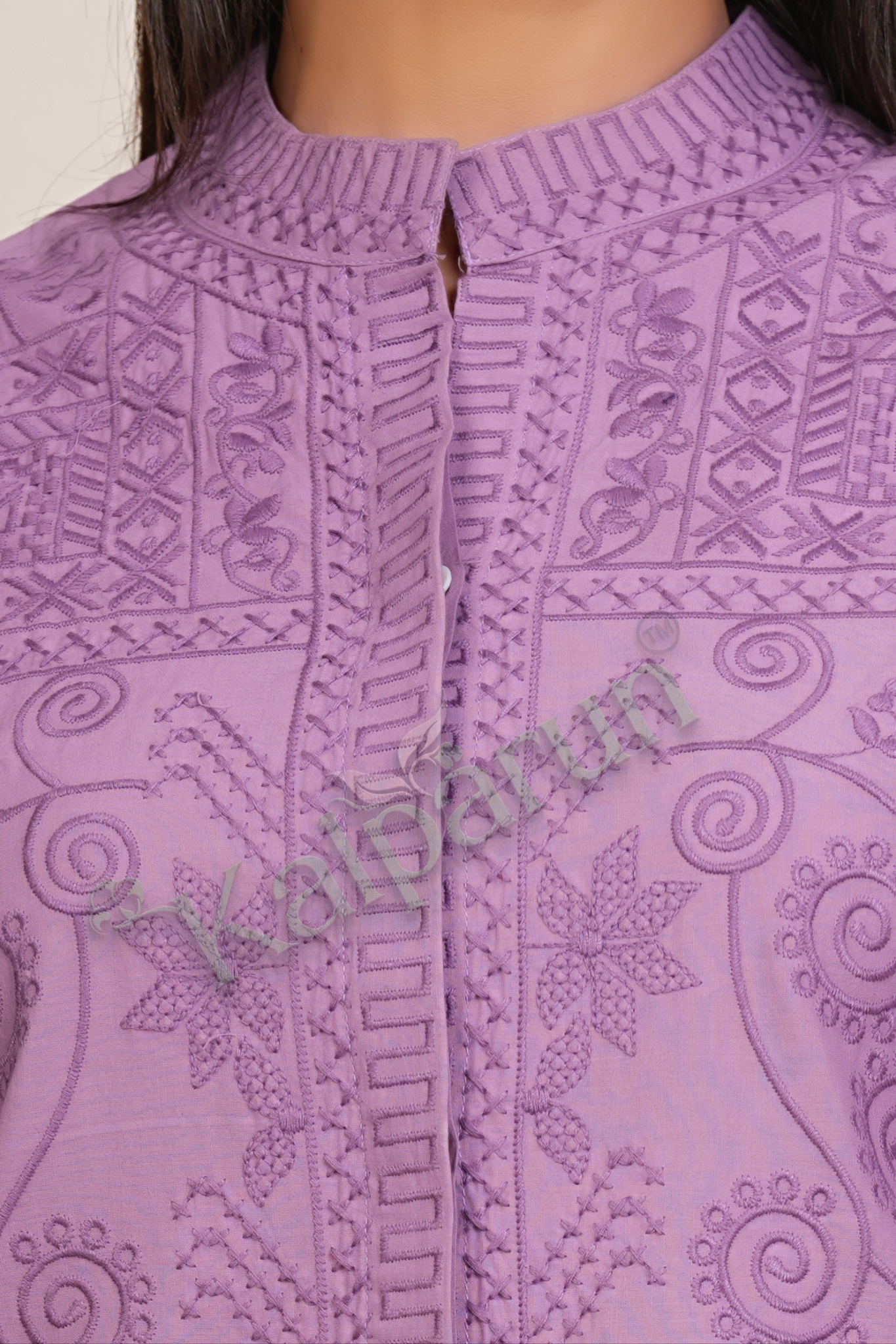 KALPARUN Women's Cotton Kurta Set with Embroidery, Lavender Purple, 3/4 Sleeve, Mandarin Collar
